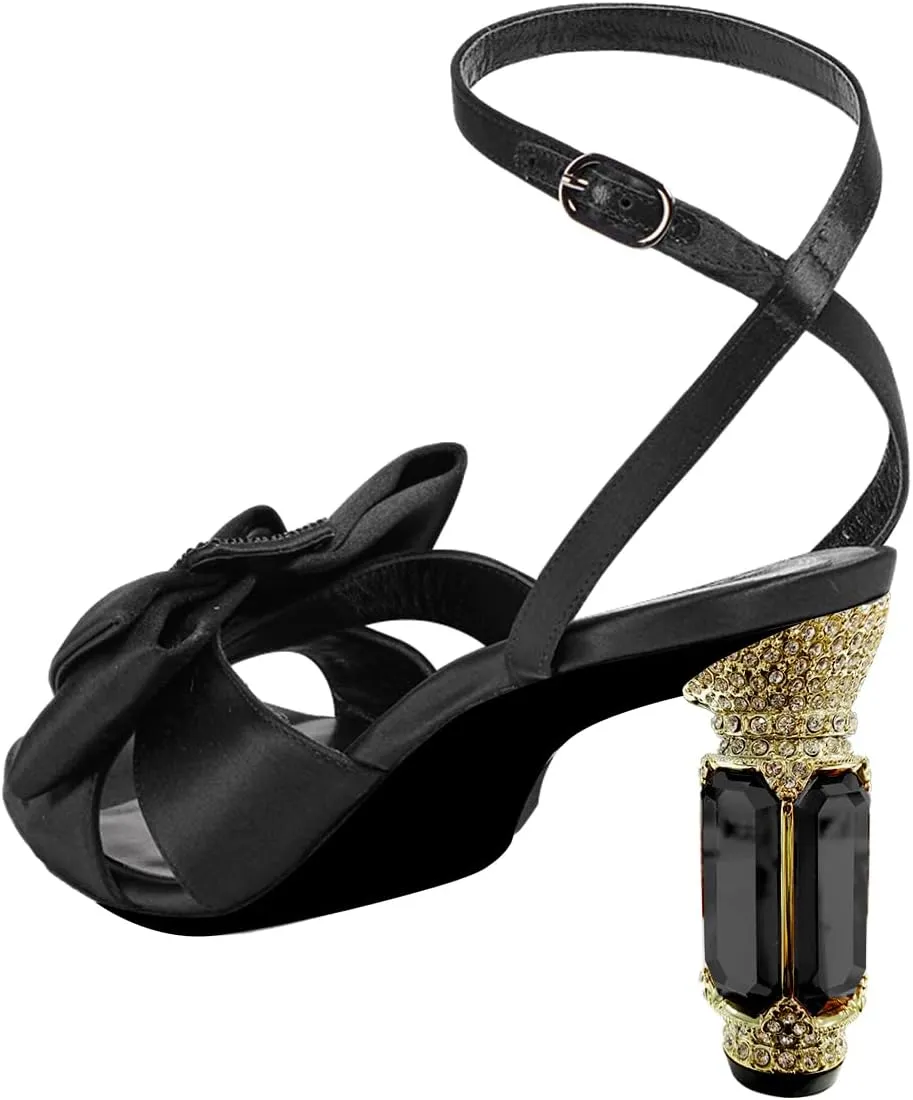 FSJ Women Elegant Open Toe Crystal Chunky High Heel Sandals with Bow Detail Embellished Ankle Strap Satin Pumps Evening Party Dance Wedding Shoes Size 4-16 US