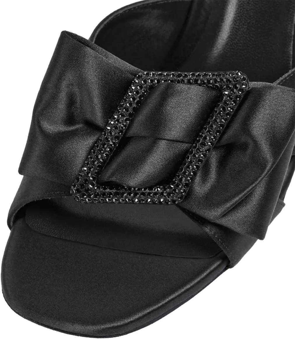 FSJ Women Elegant Open Toe Crystal Chunky High Heel Sandals with Bow Detail Embellished Ankle Strap Satin Pumps Evening Party Dance Wedding Shoes Size 4-16 US