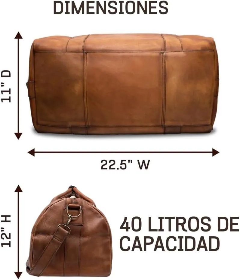 Full Grain Leather Duffle Bag – 40L Travel, Gym & Carry-On Weekender for Men | Handcrafted Overnight Bag with Brass Hardware, Vintage Style