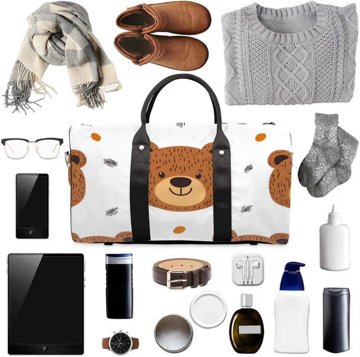 Funny Bear Travel Duffle Bag for Women Men Gym Duffel Foldable Bag Waterproof Weekender Brown Cute Rustic Duffle Tote