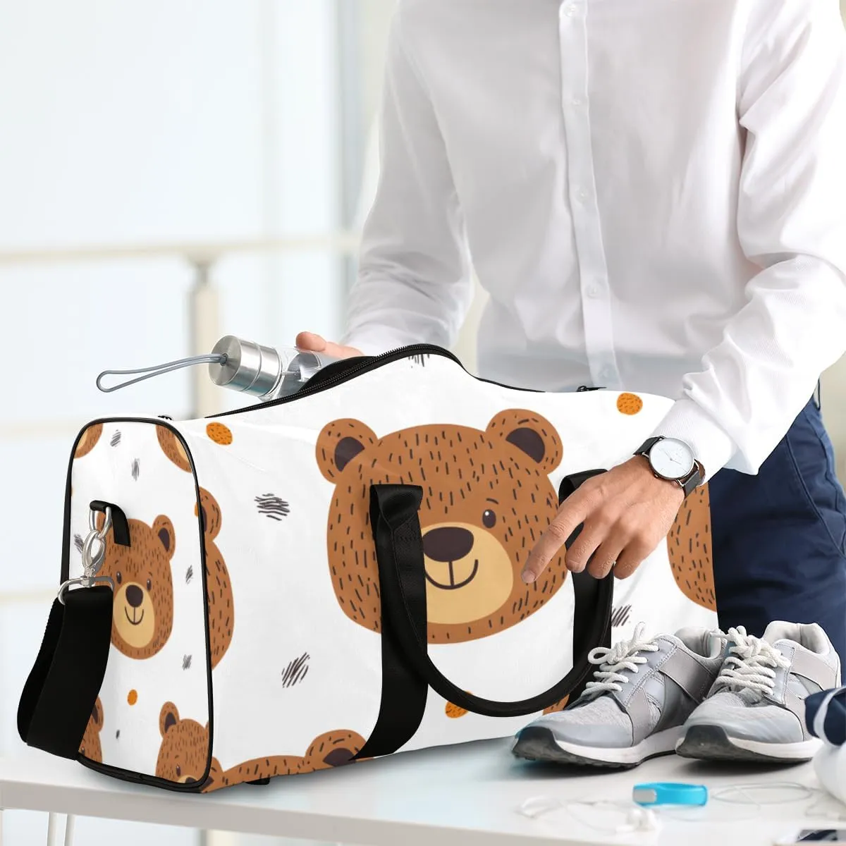 Funny Bear Travel Duffle Bag for Women Men Gym Duffel Foldable Bag Waterproof Weekender Brown Cute Rustic Duffle Tote