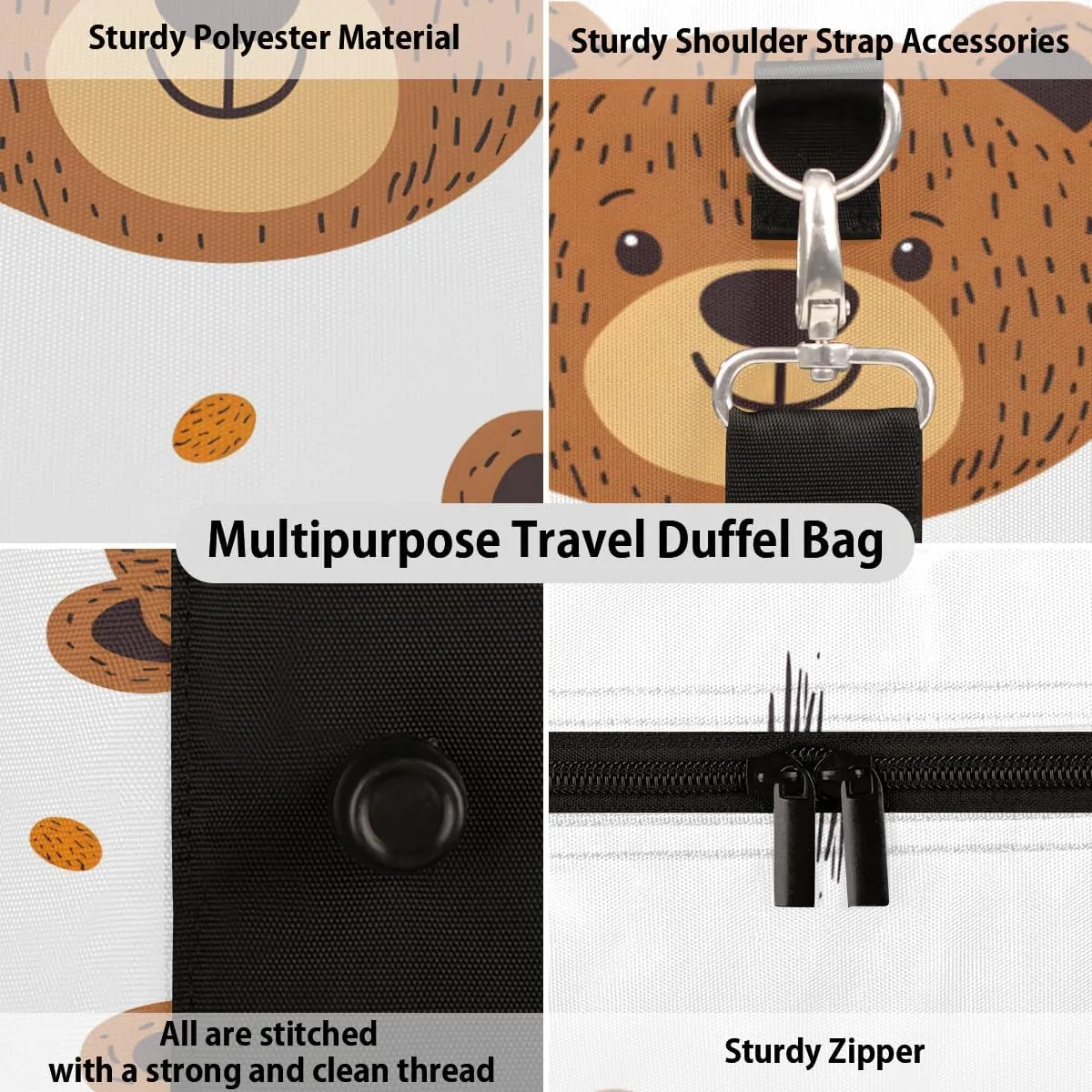 Funny Bear Travel Duffle Bag for Women Men Gym Duffel Foldable Bag Waterproof Weekender Brown Cute Rustic Duffle Tote