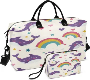 Funny Dolphin Rainbow Travel Duffel Bags with Toiletry Bag for Travel Gym Yoga Weekender Bag