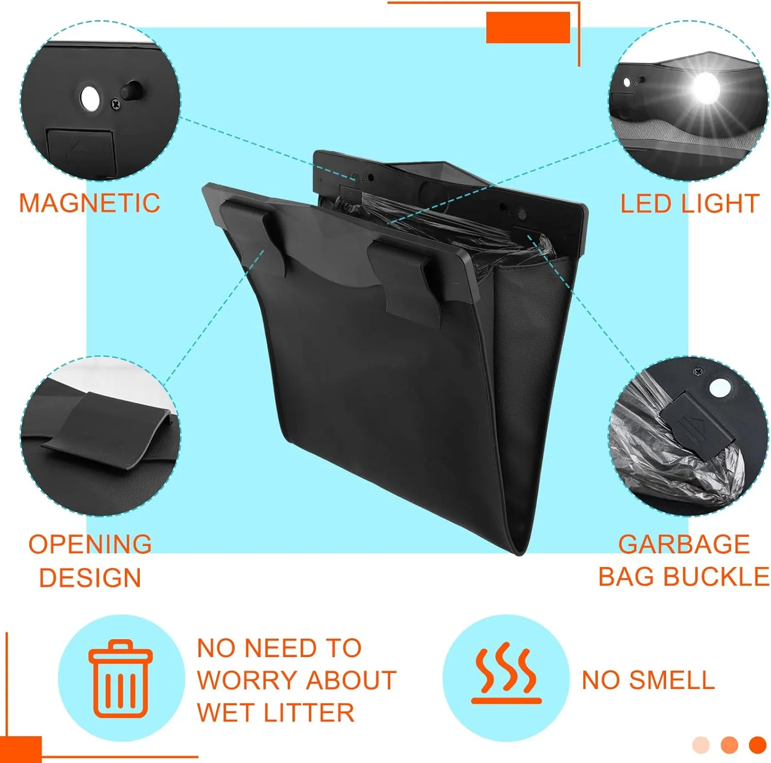 Fuutreo 2 Pcs Smart LED Car Trash Cans Waterproof Garbage Bags with 30pcs Disposable Trash Bags Hanging Leather Magnet Car Storage Pocket Vehicle Rubbish Bin Garbage Cans(11.8 x 11.4'',Black)