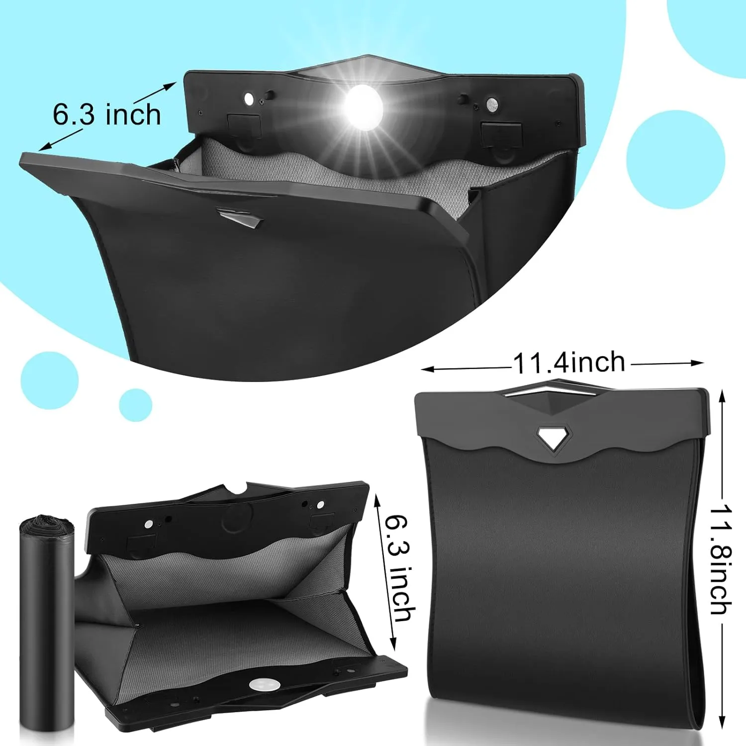 Fuutreo 2 Pcs Smart LED Car Trash Cans Waterproof Garbage Bags with 30pcs Disposable Trash Bags Hanging Leather Magnet Car Storage Pocket Vehicle Rubbish Bin Garbage Cans(11.8 x 11.4'',Black)