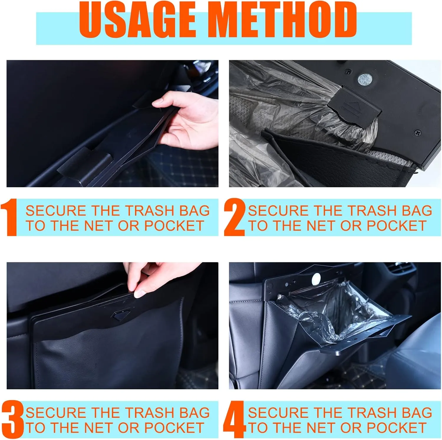 Fuutreo 2 Pcs Smart LED Car Trash Cans Waterproof Garbage Bags with 30pcs Disposable Trash Bags Hanging Leather Magnet Car Storage Pocket Vehicle Rubbish Bin Garbage Cans(11.8 x 11.4'',Black)