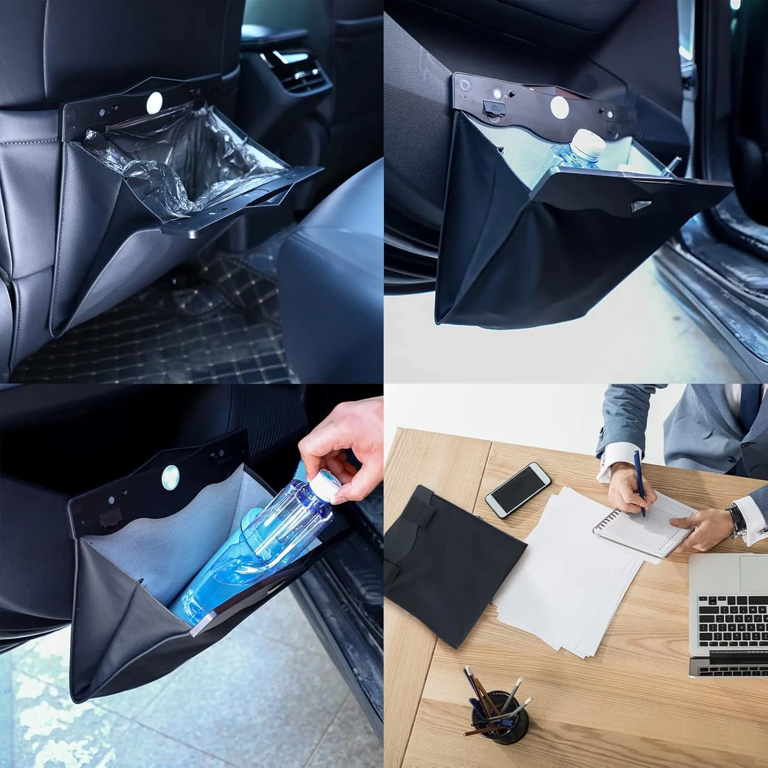 Fuutreo 2 Pcs Smart LED Car Trash Cans Waterproof Garbage Bags with 30pcs Disposable Trash Bags Hanging Leather Magnet Car Storage Pocket Vehicle Rubbish Bin Garbage Cans(11.8 x 11.4'',Black)