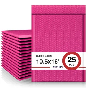 Fuxury Hot Pink Bubble Mailers 10.5x16 Inch 25 Pack, Self Seal Adhesive Waterproof Padded Envelopes, Cushioning Shipping Bags, Padded Mailers for Mailing, Packaging, Small Business Supplies, 5