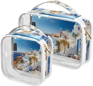 GAIGEO Blue and White House 2 Pack Clear Makeup Bag Set, Transparent Travel Makeup Bag, Clear Make up Bags for Traveling
