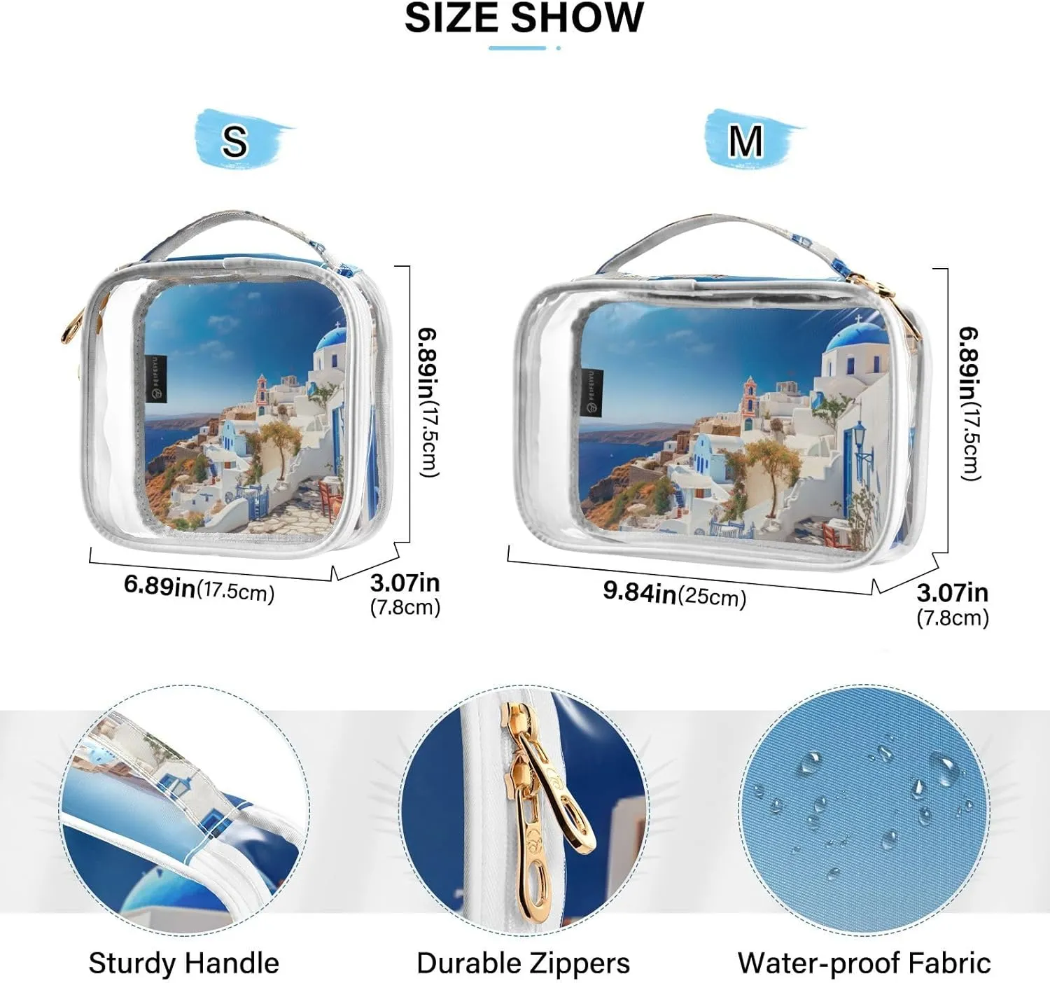 GAIGEO Blue and White House 2 Pack Clear Makeup Bag Set, Transparent Travel Makeup Bag, Clear Make up Bags for Traveling