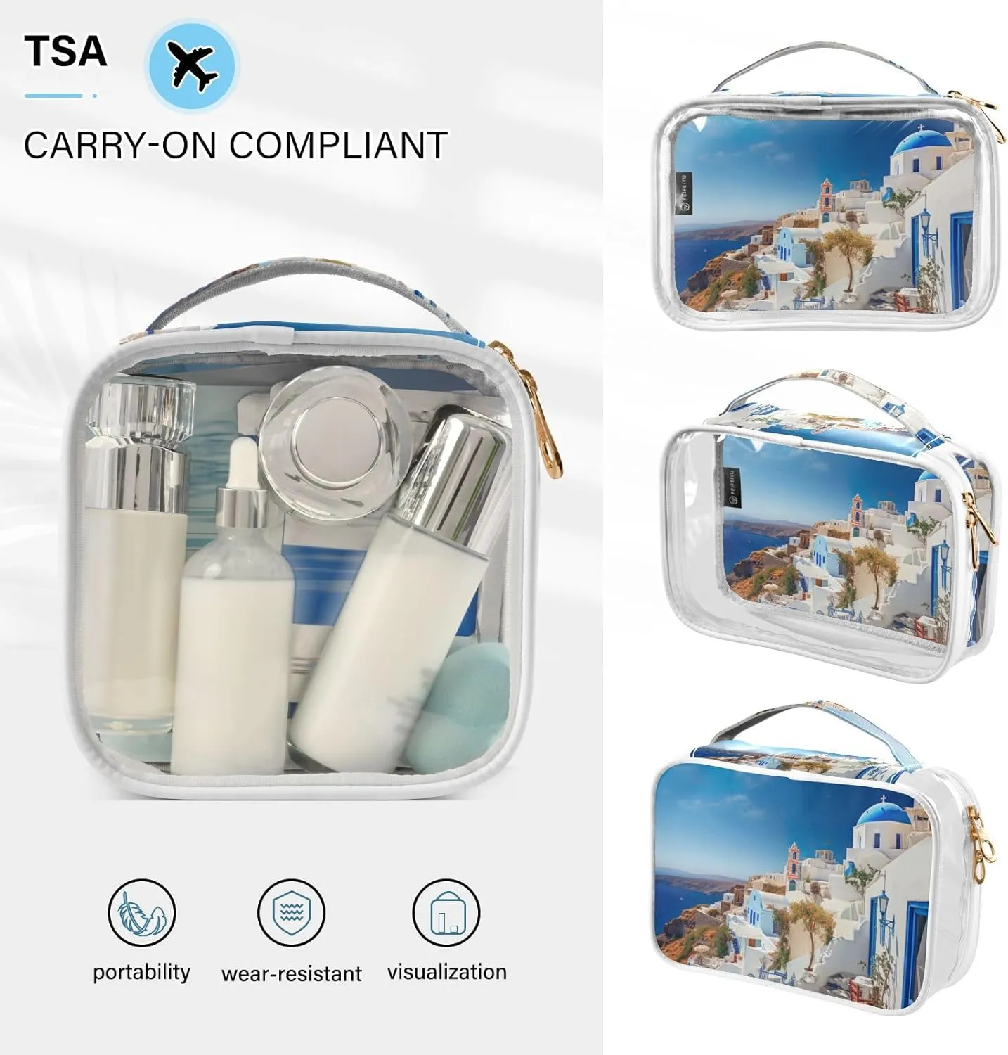GAIGEO Blue and White House 2 Pack Clear Makeup Bag Set, Transparent Travel Makeup Bag, Clear Make up Bags for Traveling