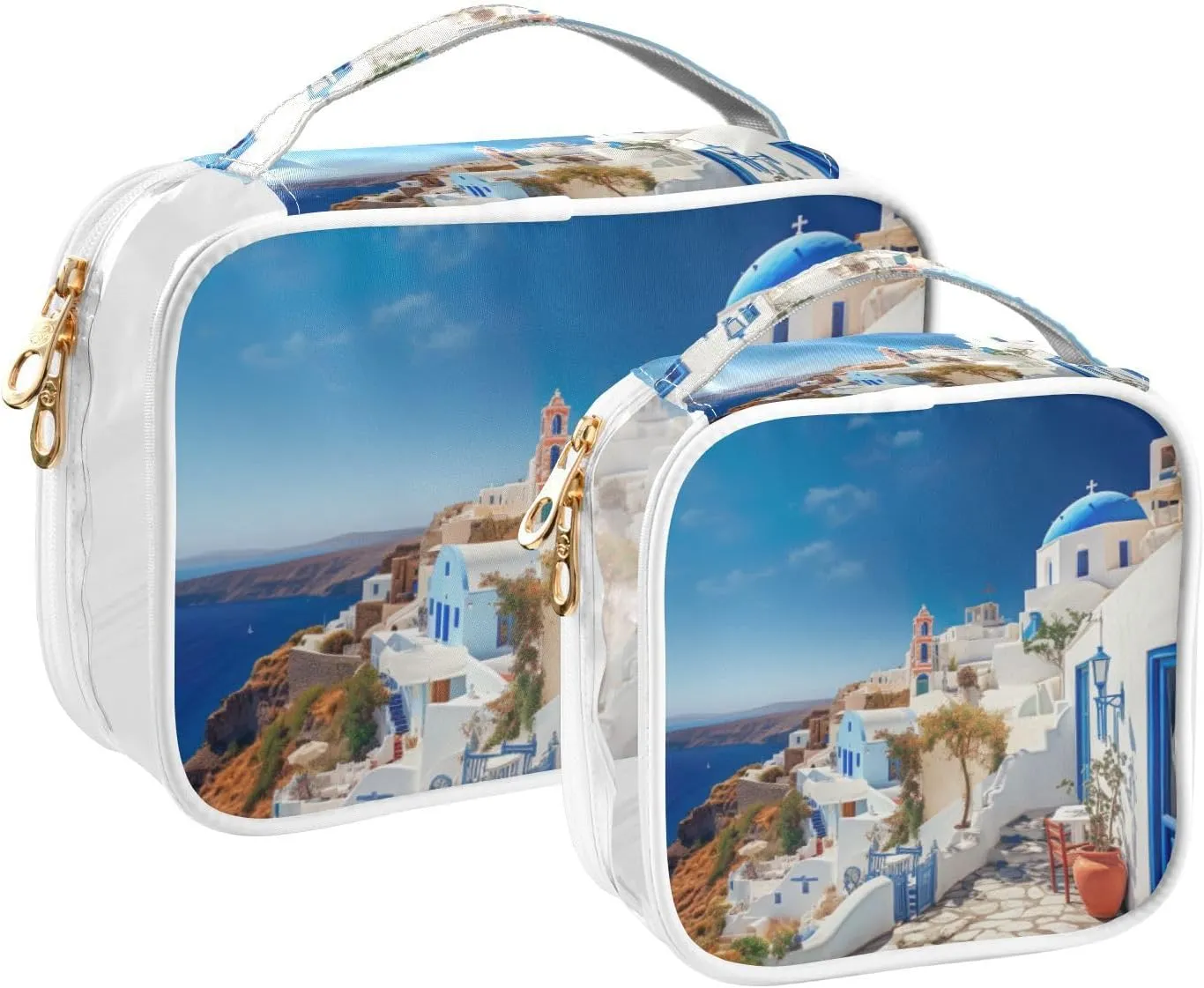 GAIGEO Blue and White House 2 Pack Clear Makeup Bag Set, Transparent Travel Makeup Bag, Clear Make up Bags for Traveling