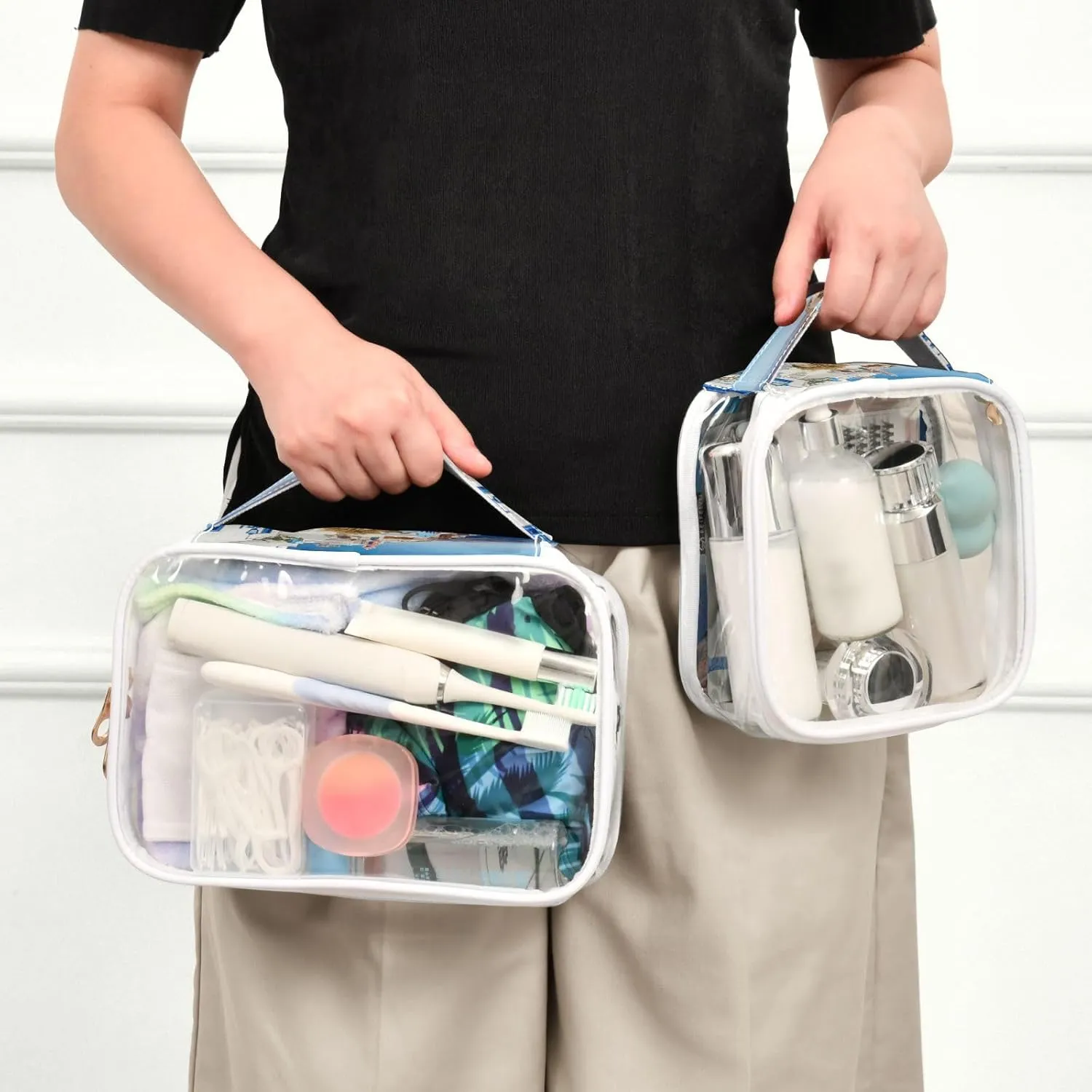 GAIGEO Blue and White House 2 Pack Clear Makeup Bag Set, Transparent Travel Makeup Bag, Clear Make up Bags for Traveling