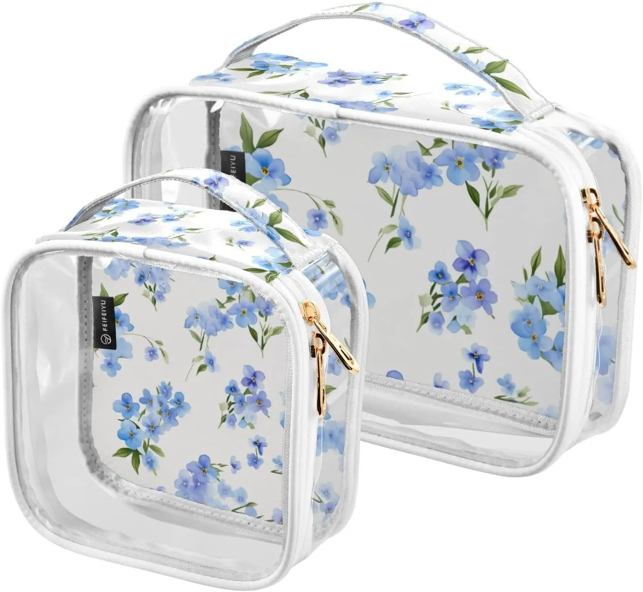 GAIGEO Blue Forget me not Flowers on White Travel Transparent Bag, Cosmetic Bag with Handle, Womens Travel Toiletry Bag, 2 Pack