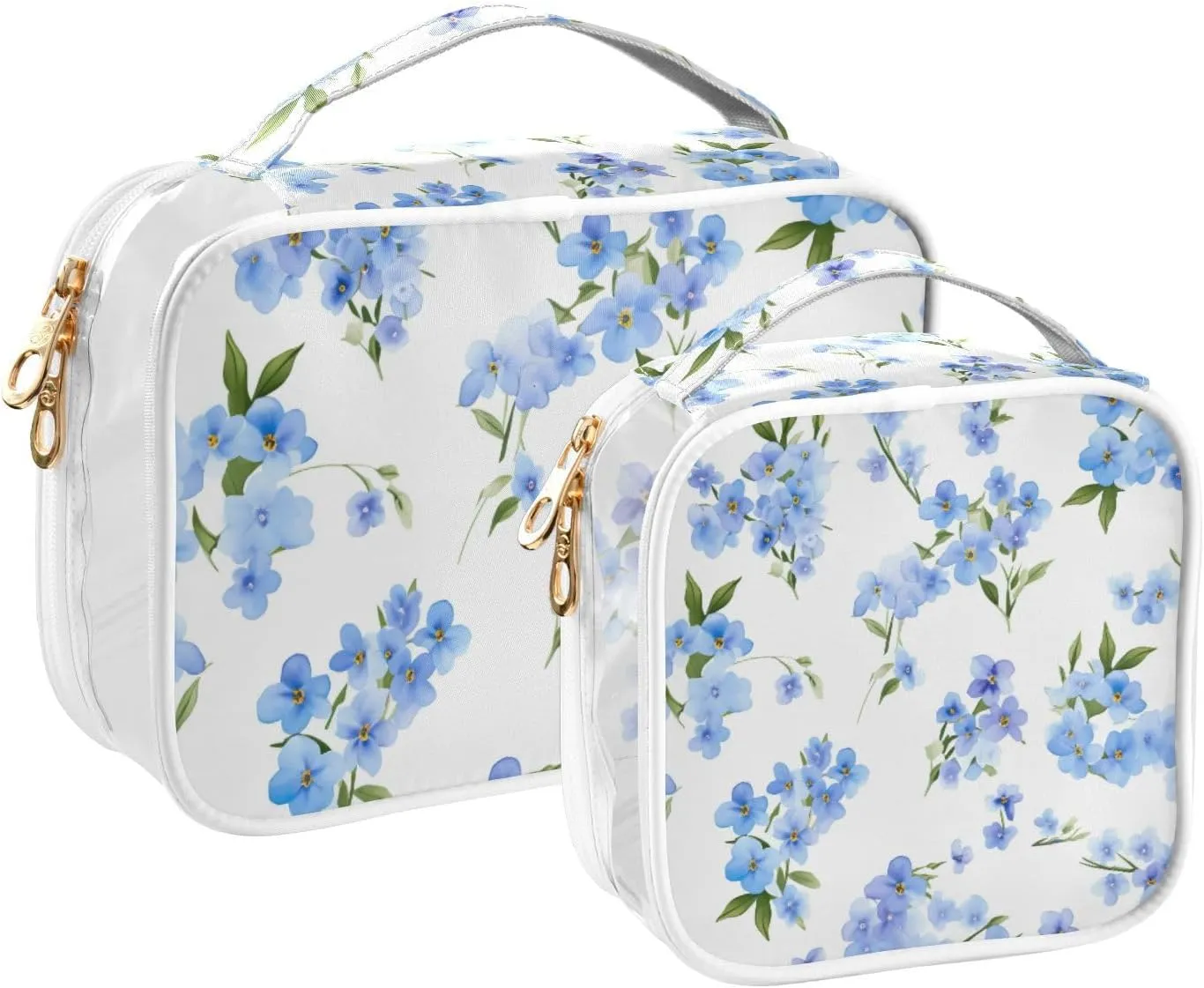 GAIGEO Blue Forget me not Flowers on White Travel Transparent Bag, Cosmetic Bag with Handle, Womens Travel Toiletry Bag, 2 Pack