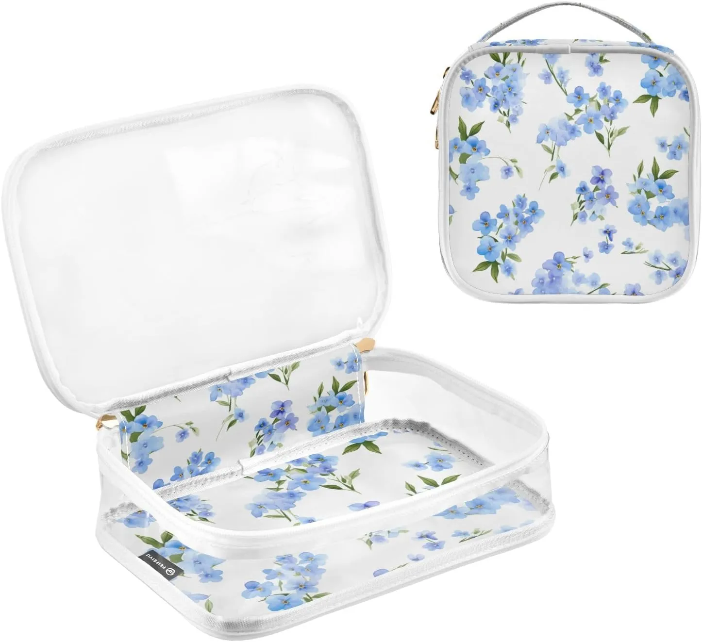 GAIGEO Blue Forget me not Flowers on White Travel Transparent Bag, Cosmetic Bag with Handle, Womens Travel Toiletry Bag, 2 Pack