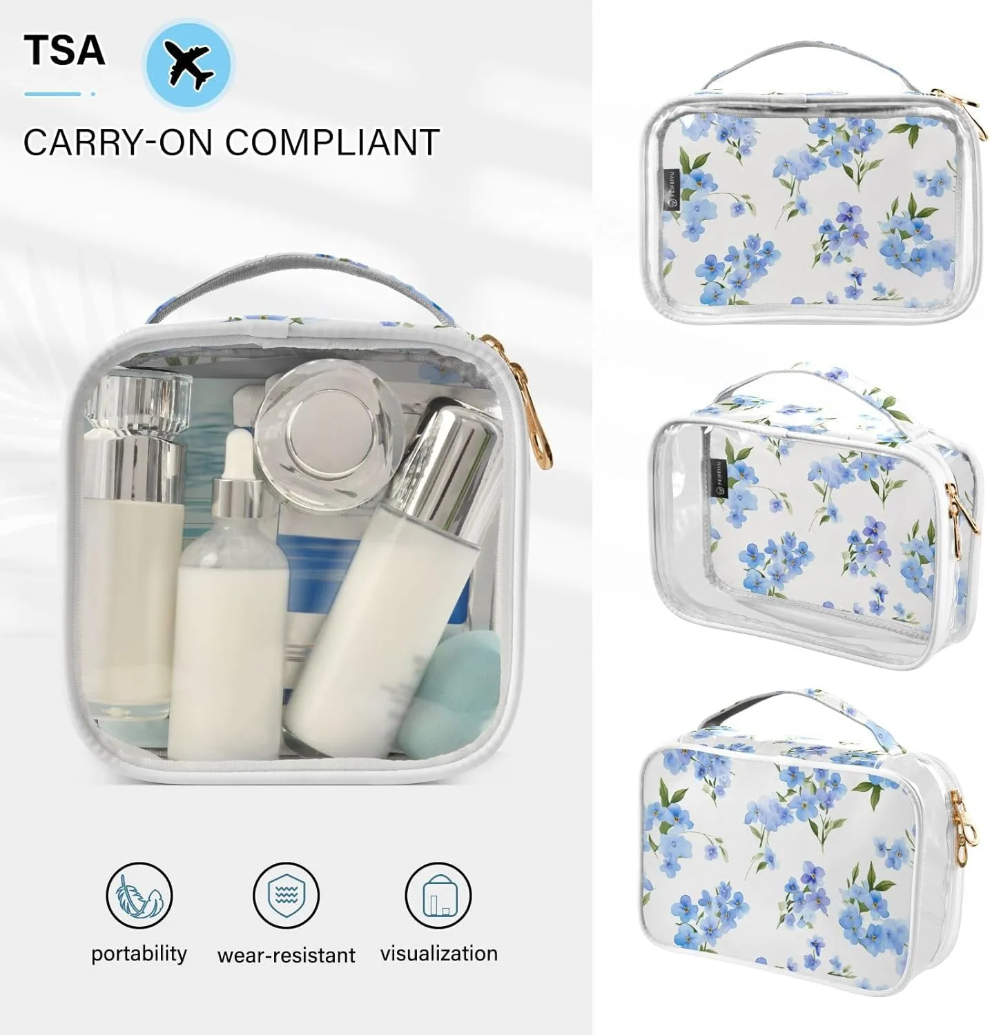 GAIGEO Blue Forget me not Flowers on White Travel Transparent Bag, Cosmetic Bag with Handle, Womens Travel Toiletry Bag, 2 Pack