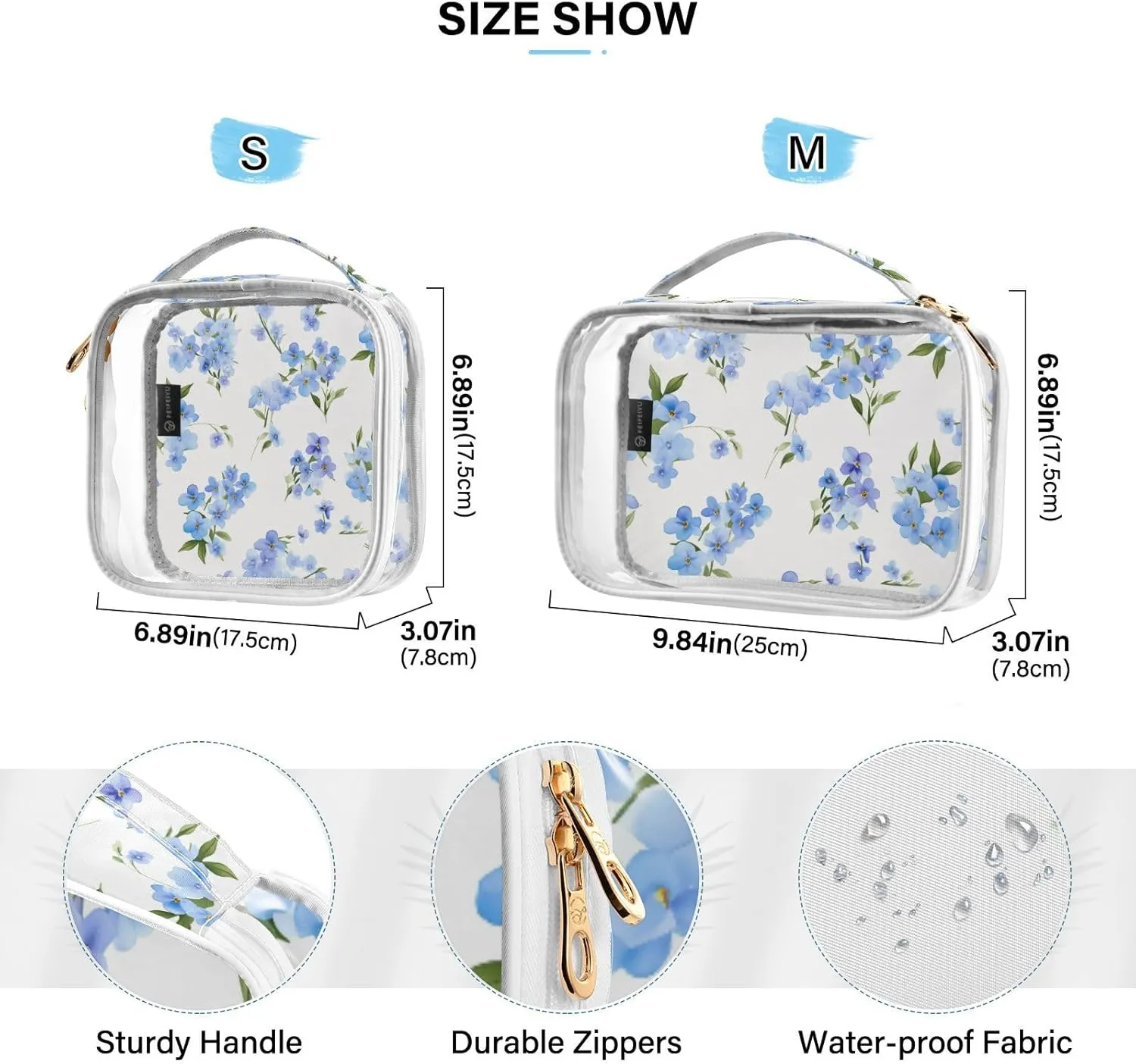 GAIGEO Blue Forget me not Flowers on White Travel Transparent Bag, Cosmetic Bag with Handle, Womens Travel Toiletry Bag, 2 Pack