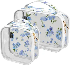 GAIGEO Blue Forget me not Flowers on White Travel Transparent Bag, Cosmetic Bag with Handle, Womens Travel Toiletry Bag, 2 Pack