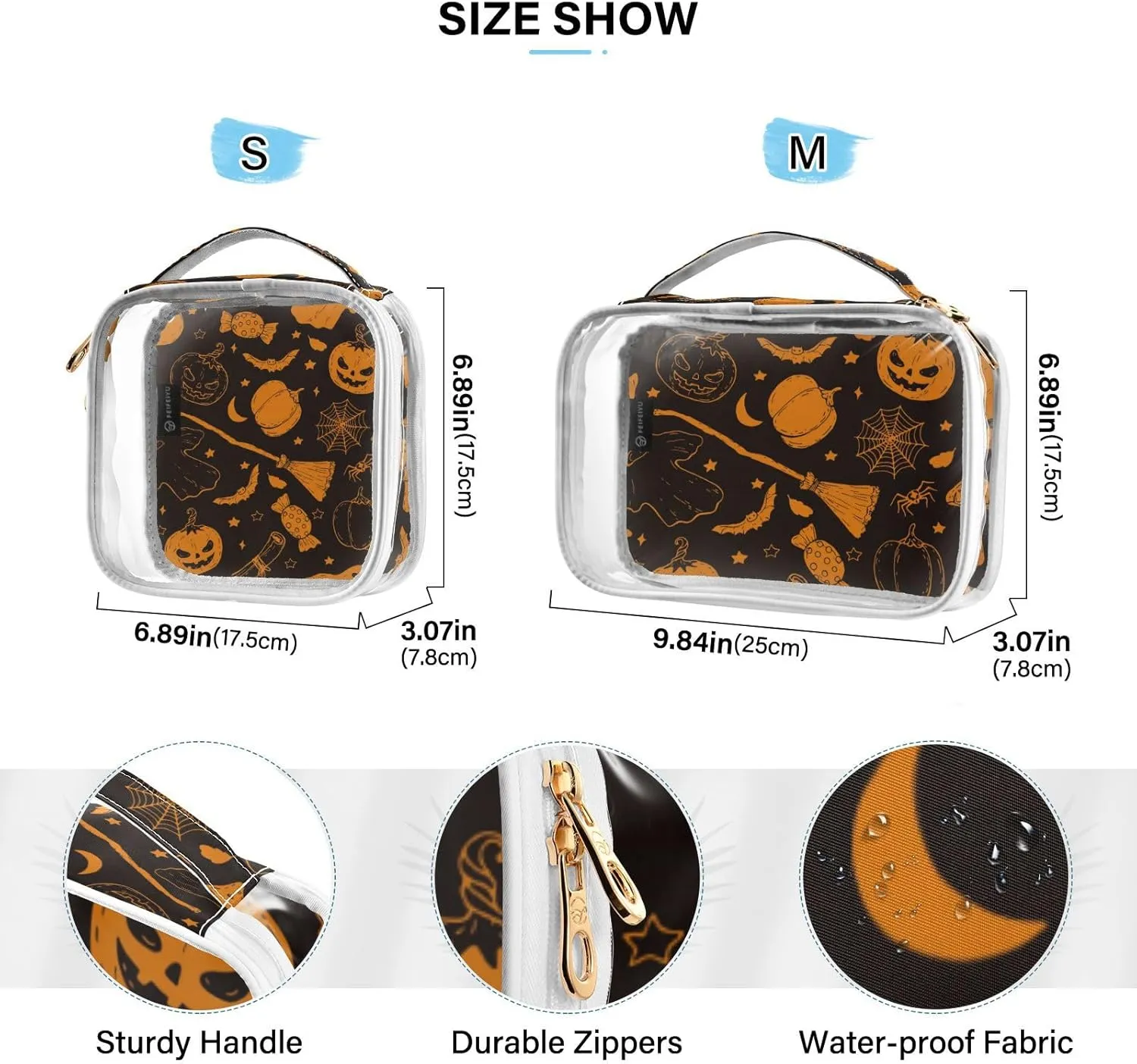 GAIGEO Halloween Doodle Pumpkin Clear Toiletry Bag Set, See through Toiletry Bag, Cosmetic Travel Accessories, 2 Pack