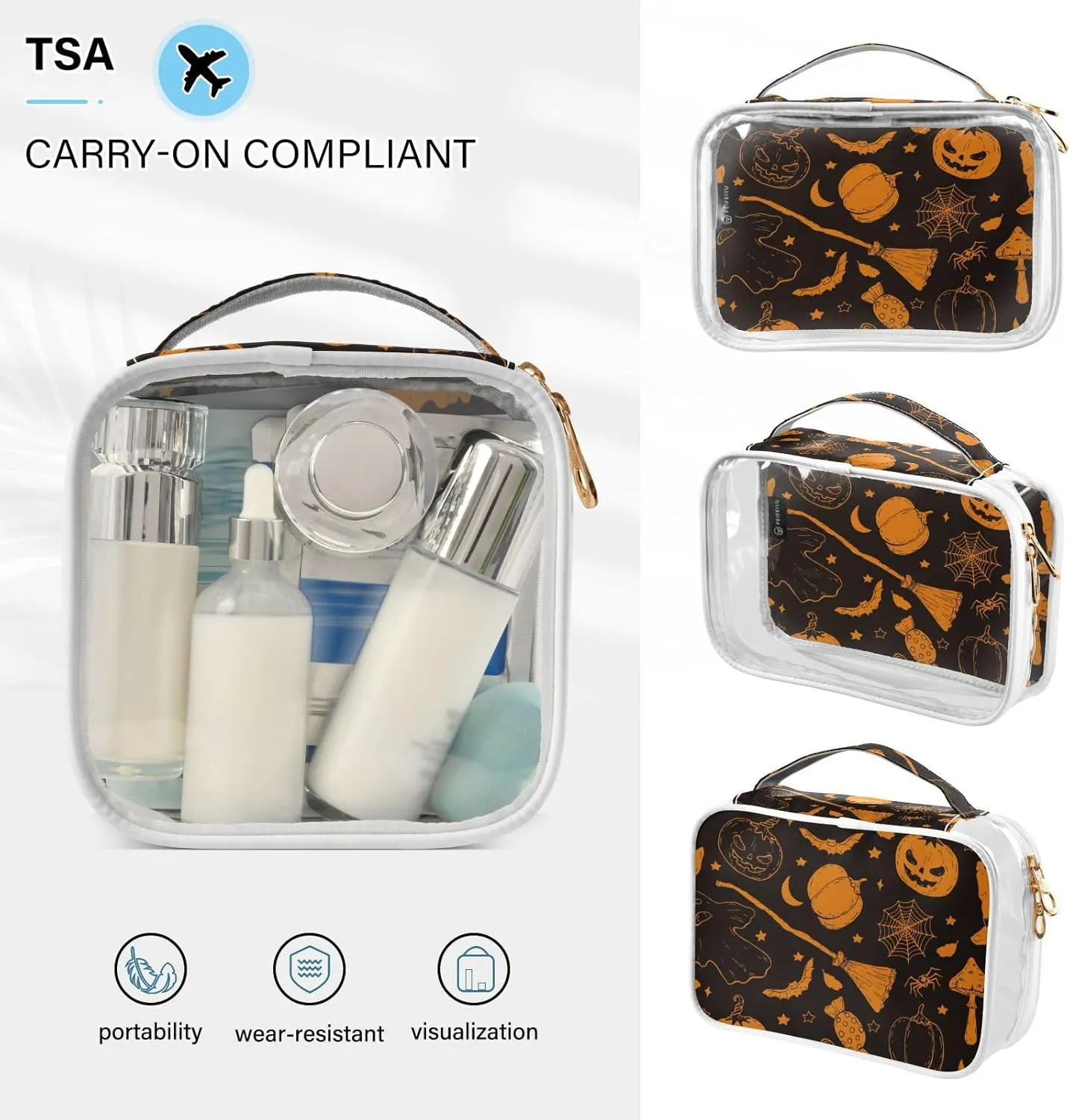 GAIGEO Halloween Doodle Pumpkin Clear Toiletry Bag Set, See through Toiletry Bag, Cosmetic Travel Accessories, 2 Pack