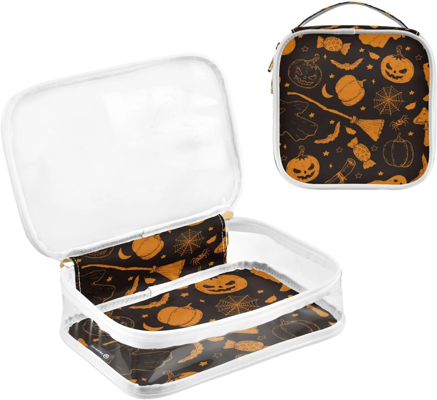 GAIGEO Halloween Doodle Pumpkin Clear Toiletry Bag Set, See through Toiletry Bag, Cosmetic Travel Accessories, 2 Pack