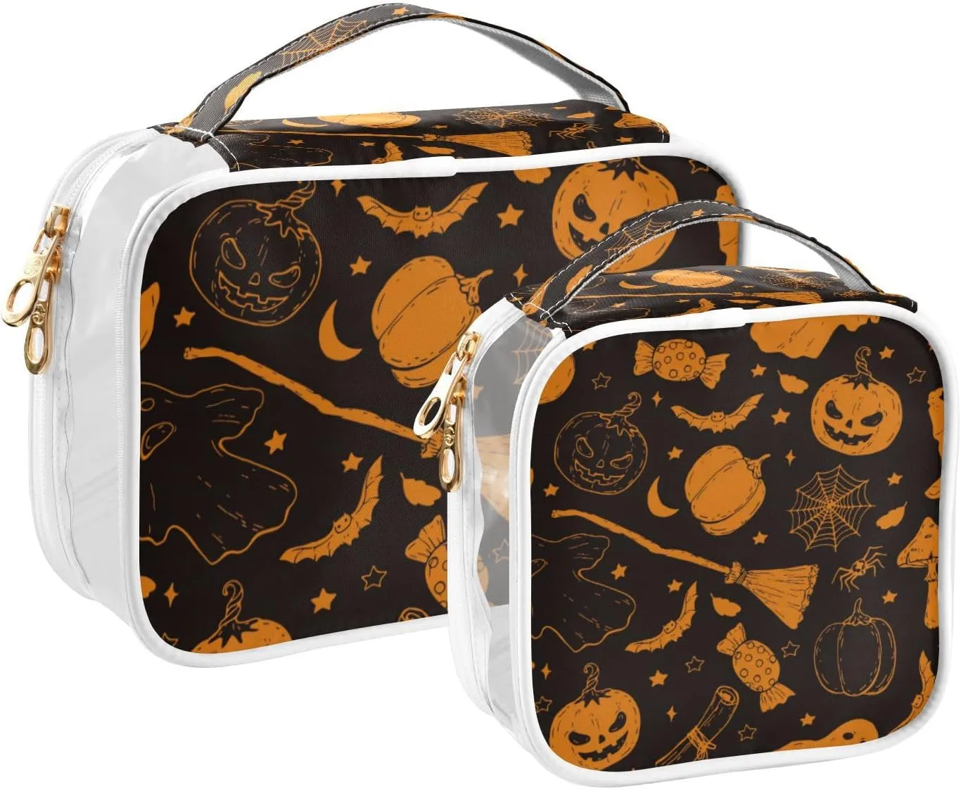 GAIGEO Halloween Doodle Pumpkin Clear Toiletry Bag Set, See through Toiletry Bag, Cosmetic Travel Accessories, 2 Pack