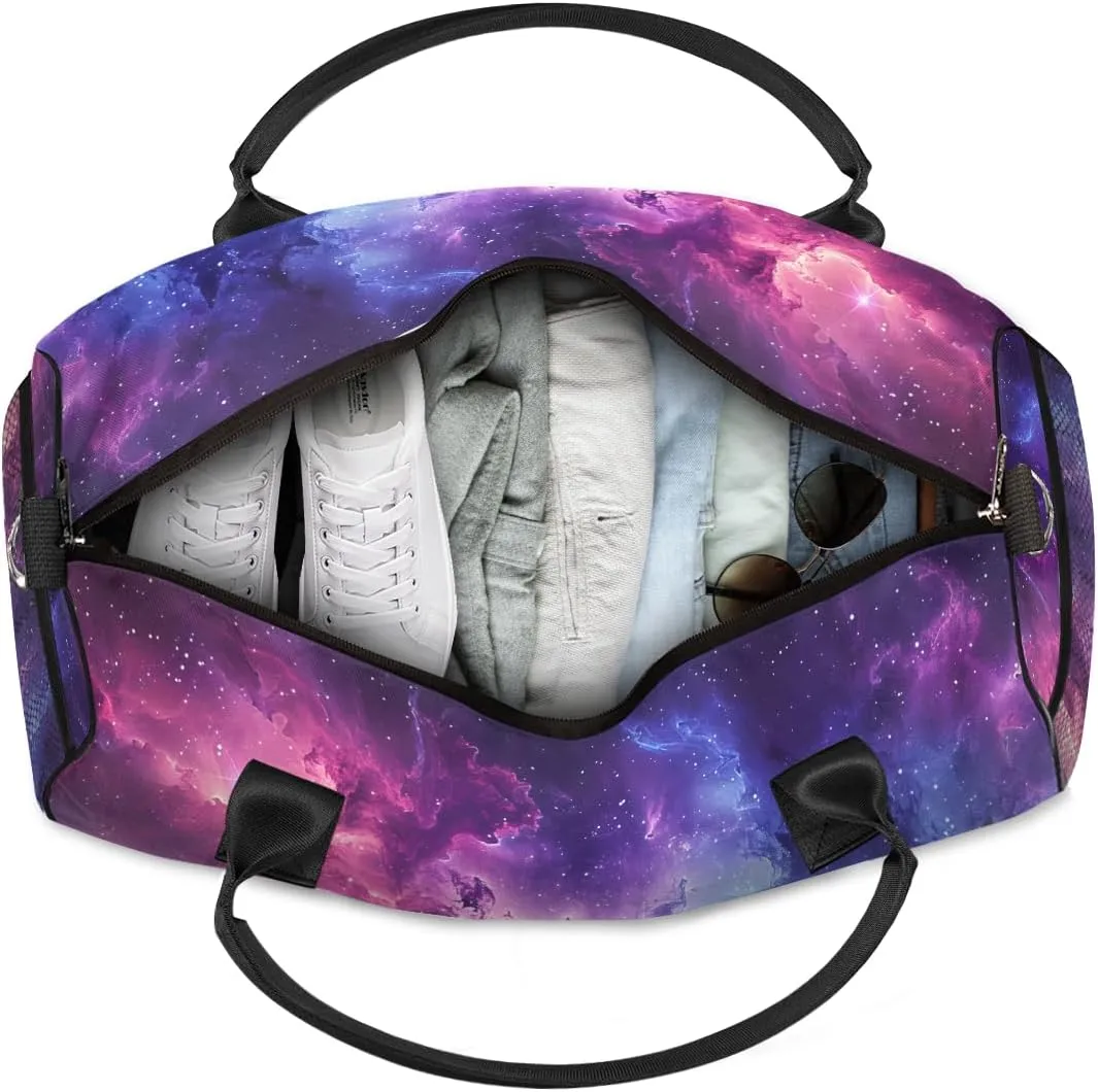 Galaxy Travel Duffle Bag for Women Men Foldable Waterproof Weekender Bag Carry on Tote for Overnight Sports Gym Blue Purple Outer Space Nebula Universe