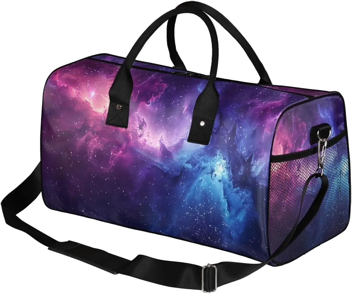 Galaxy Travel Duffle Bag for Women Men Foldable Waterproof Weekender Bag Carry on Tote for Overnight Sports Gym Blue Purple Outer Space Nebula Universe