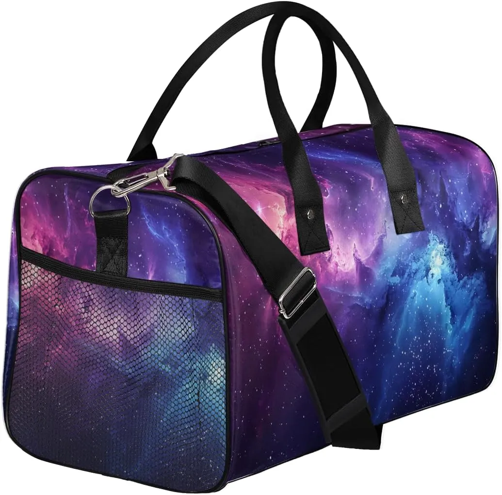 Galaxy Travel Duffle Bag for Women Men Foldable Waterproof Weekender Bag Carry on Tote for Overnight Sports Gym Blue Purple Outer Space Nebula Universe