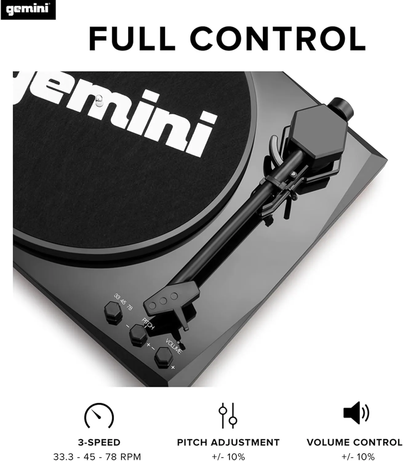 Gemini Sound TT-900 - Classic Black 3-Speed Turntable with Pitch Adjustment, Bluetooth Connectivity, and High-Fidelity Stereo Sound
