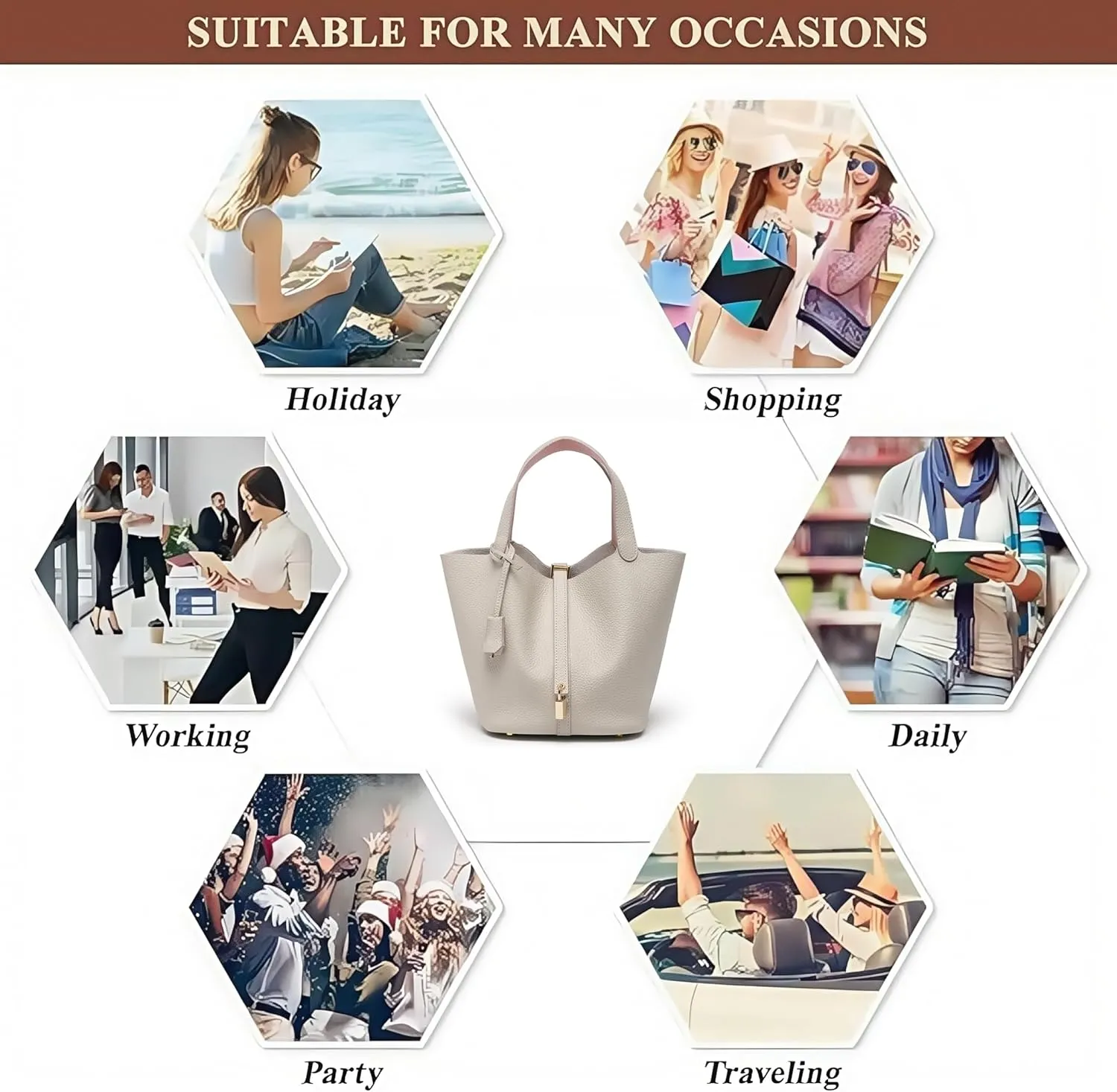 Genuine Leather Bucket Bag for Women with Secure Lock - Stylish Tote Handbag, Compact Travel Purse & Vegetable Basket Satchel