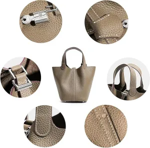 Genuine Leather Bucket Bag for Women with Secure Lock - Stylish Tote Handbag, Compact Travel Purse & Vegetable Basket Satchel