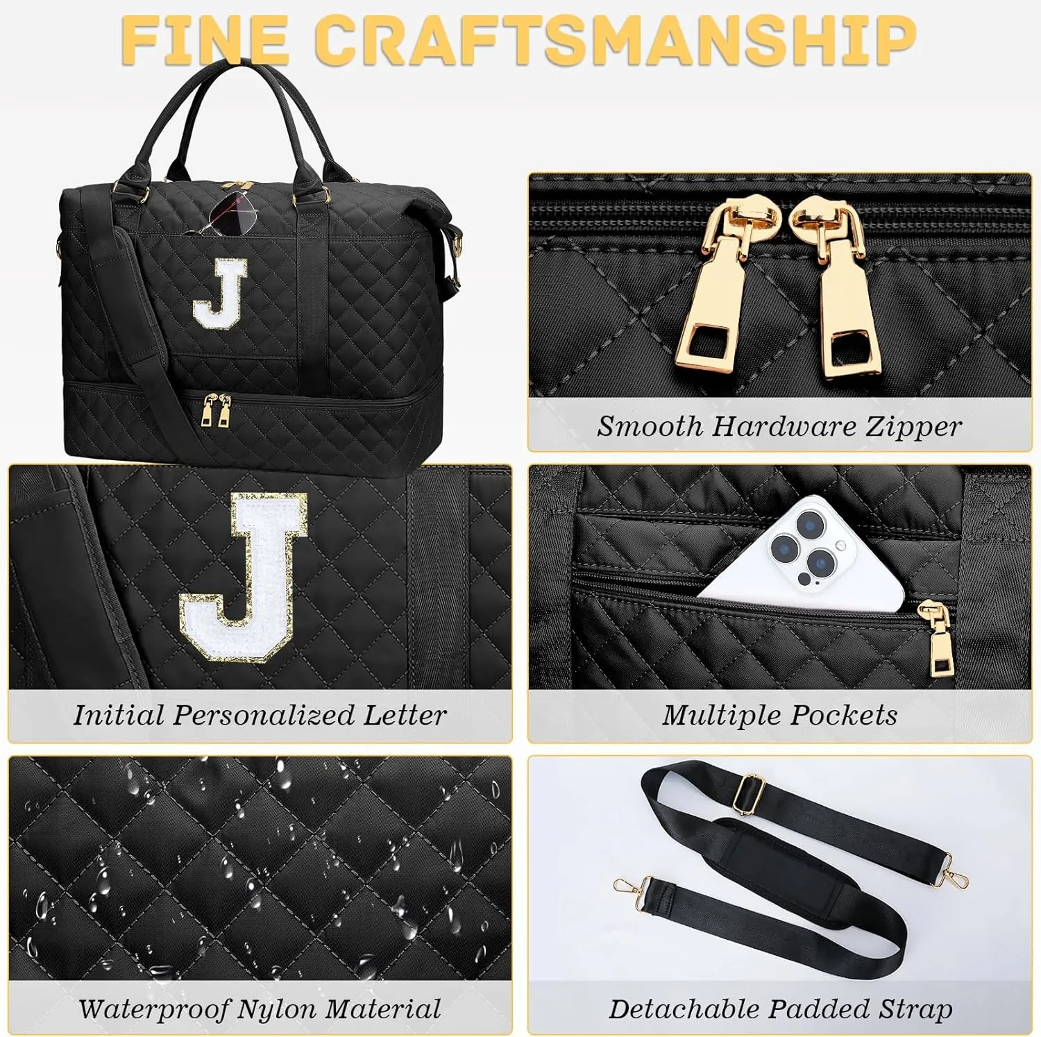 Gifts for Women Initial Travel Duffle Bag Quilted Weekender Carry-On Overnight with Cosmetic Bag, Gym Bag with Shoe Compartment Hospital Bag for Labor Delivery, Black J