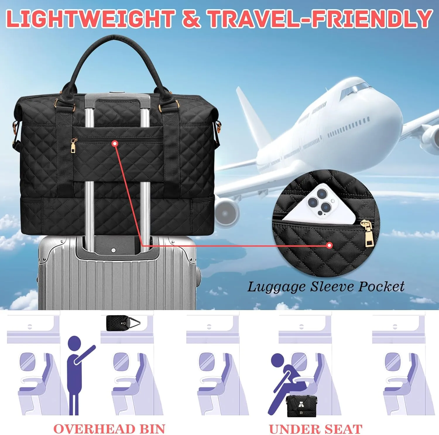 Gifts for Women Initial Travel Duffle Bag Quilted Weekender Carry-On Overnight with Cosmetic Bag, Gym Bag with Shoe Compartment Hospital Bag for Labor Delivery, Black J