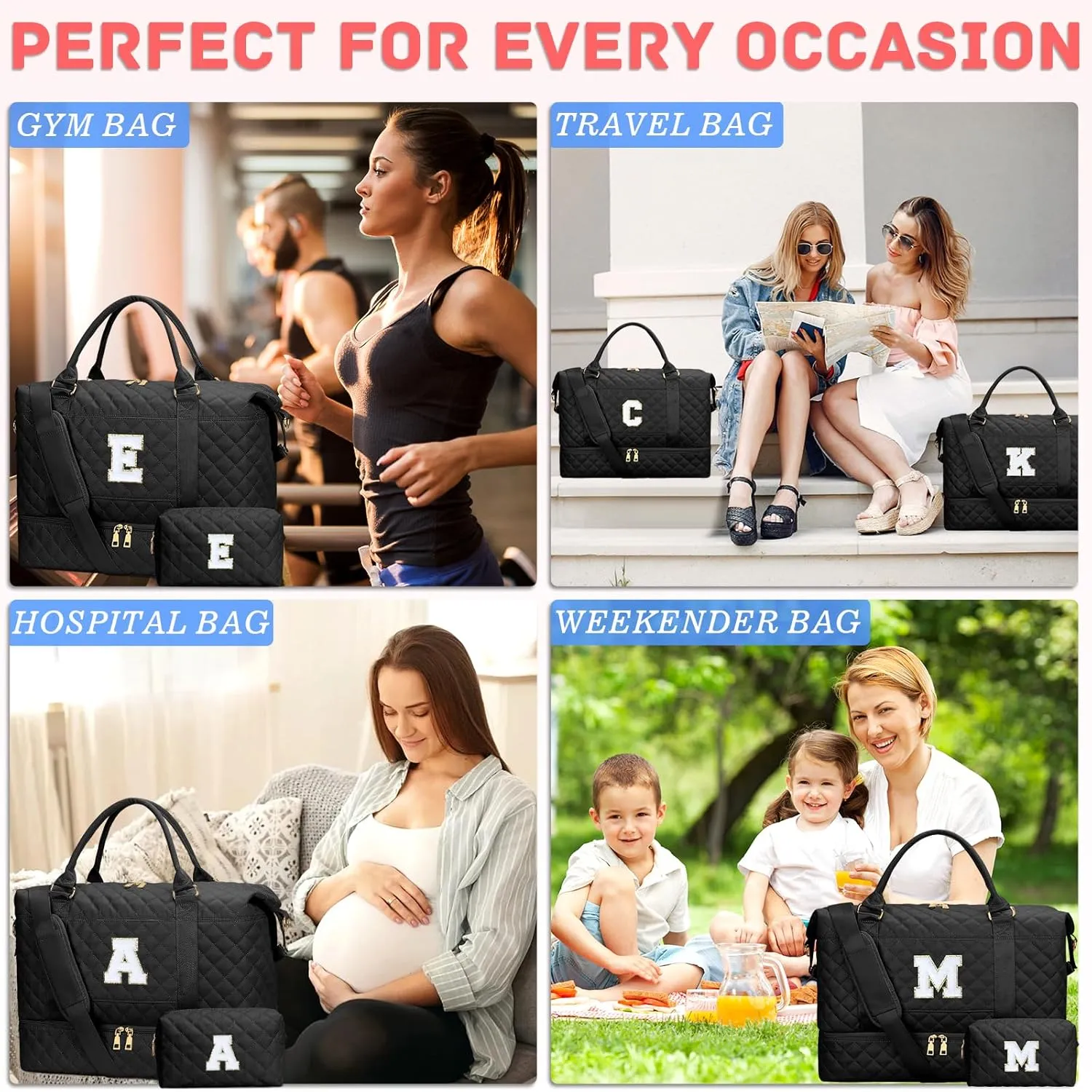 Gifts for Women Initial Travel Duffle Bag Quilted Weekender Carry-On Overnight with Cosmetic Bag, Gym Bag with Shoe Compartment Hospital Bag for Labor Delivery, Black J