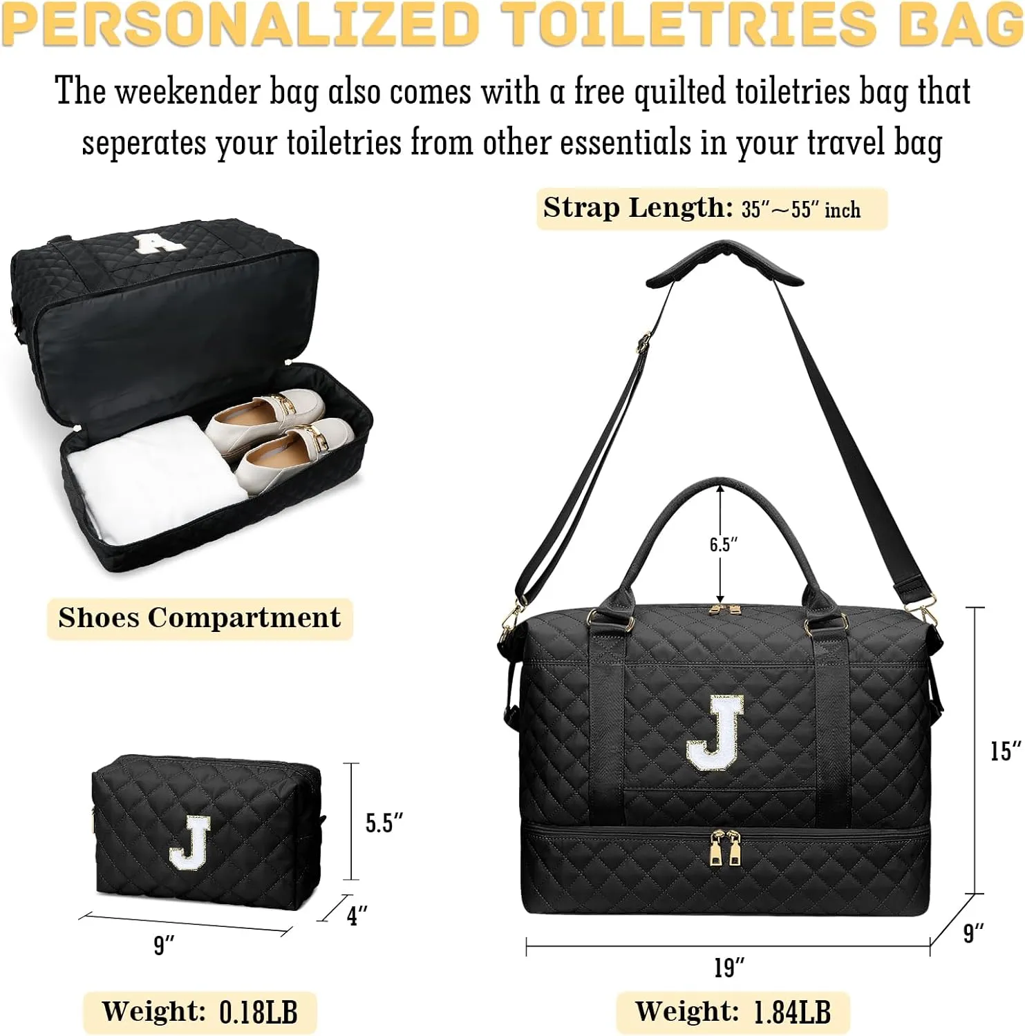 Gifts for Women Initial Travel Duffle Bag Quilted Weekender Carry-On Overnight with Cosmetic Bag, Gym Bag with Shoe Compartment Hospital Bag for Labor Delivery, Black J