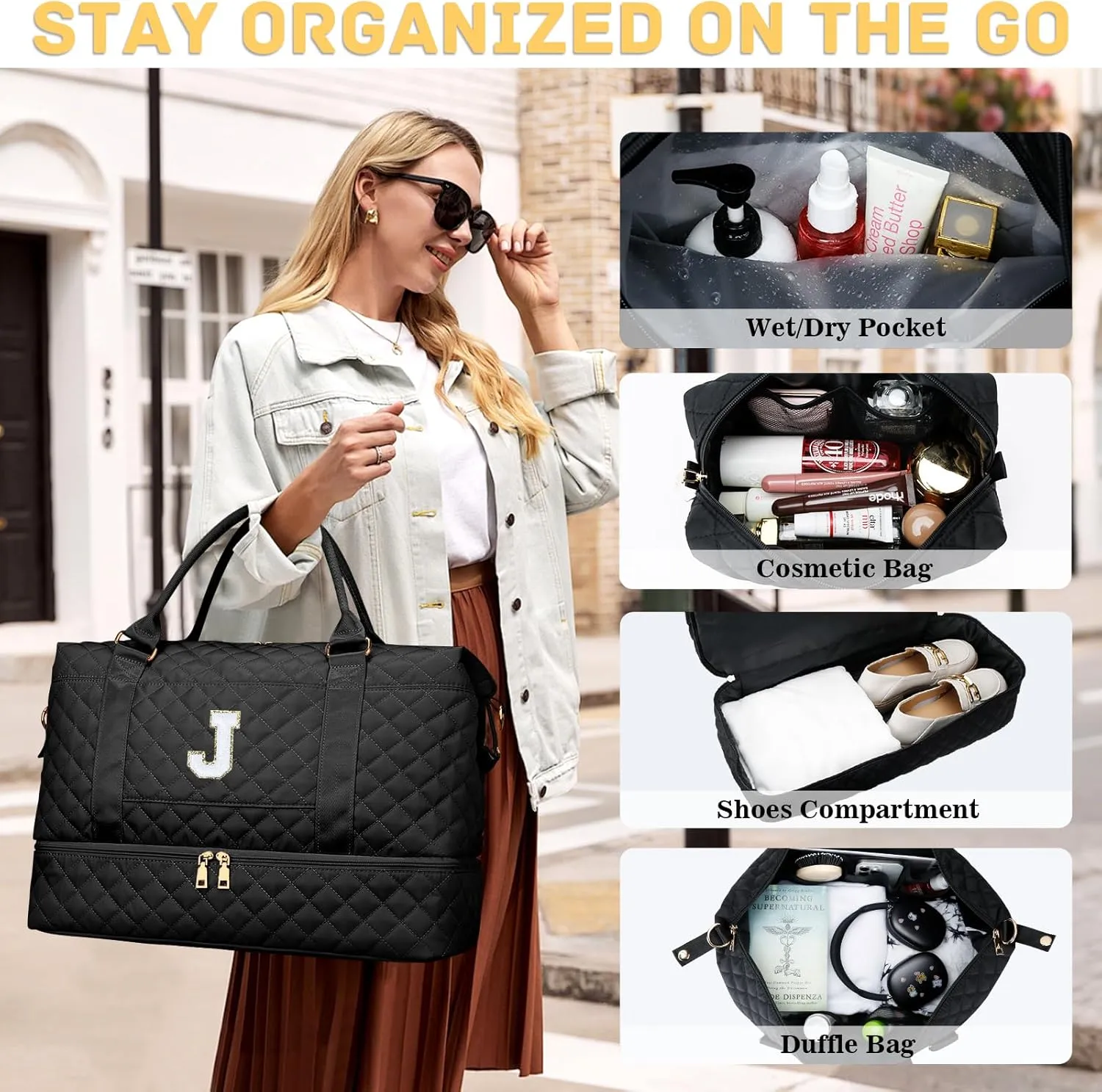 Gifts for Women Initial Travel Duffle Bag Quilted Weekender Carry-On Overnight with Cosmetic Bag, Gym Bag with Shoe Compartment Hospital Bag for Labor Delivery, Black J