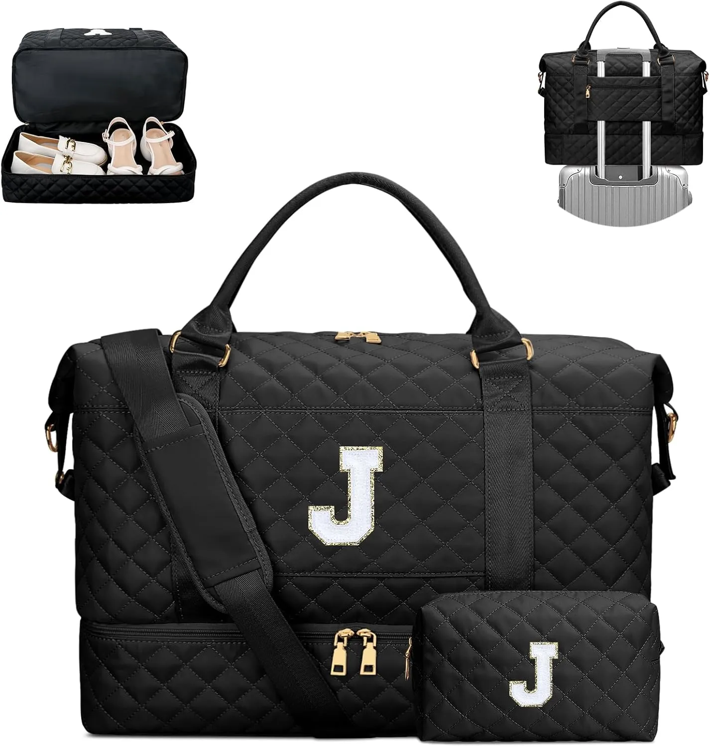 Gifts for Women Initial Travel Duffle Bag Quilted Weekender Carry-On Overnight with Cosmetic Bag, Gym Bag with Shoe Compartment Hospital Bag for Labor Delivery, Black J