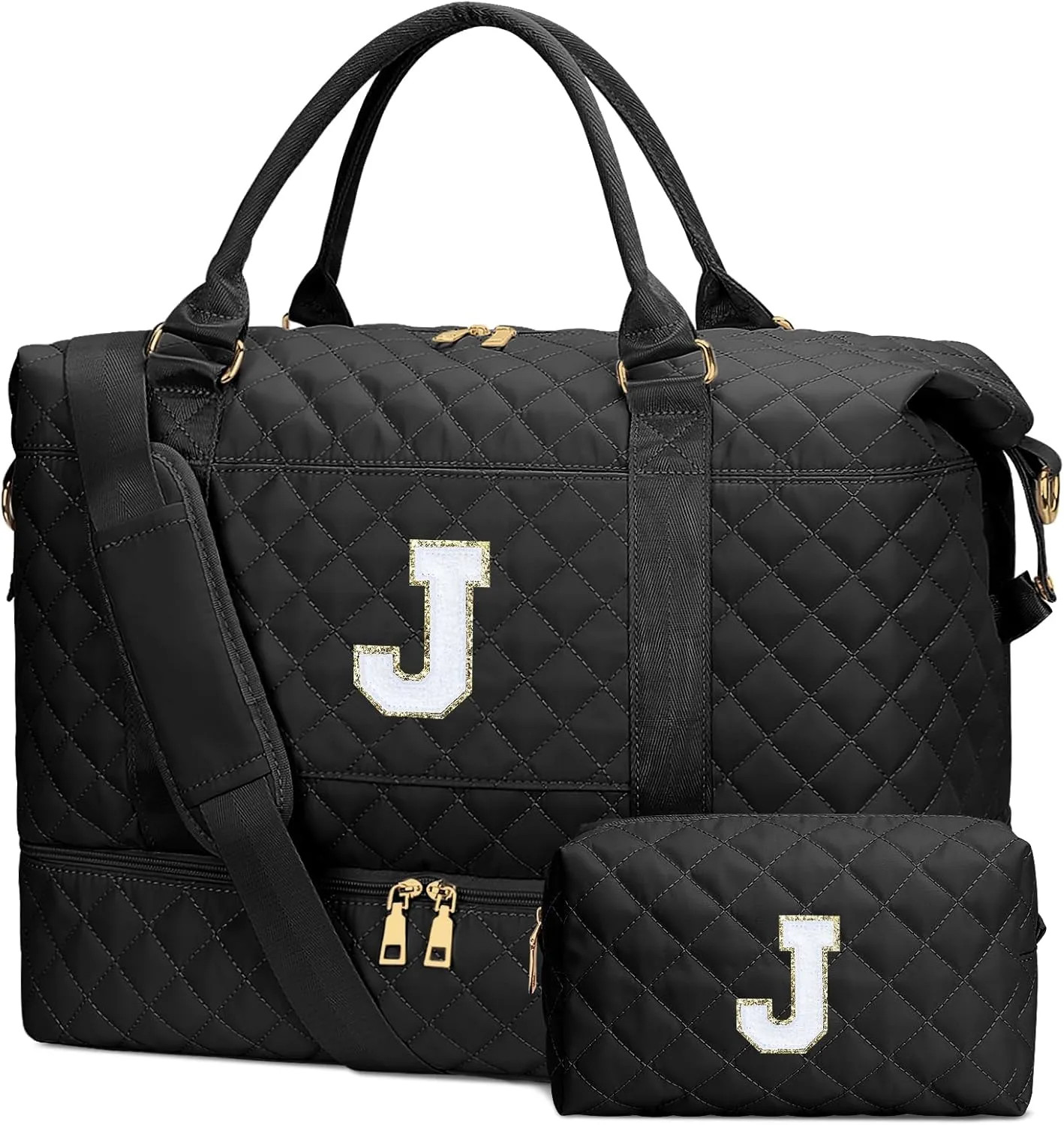 Gifts for Women Initial Travel Duffle Bag Quilted Weekender Carry-On Overnight with Cosmetic Bag, Gym Bag with Shoe Compartment Hospital Bag for Labor Delivery, Black J