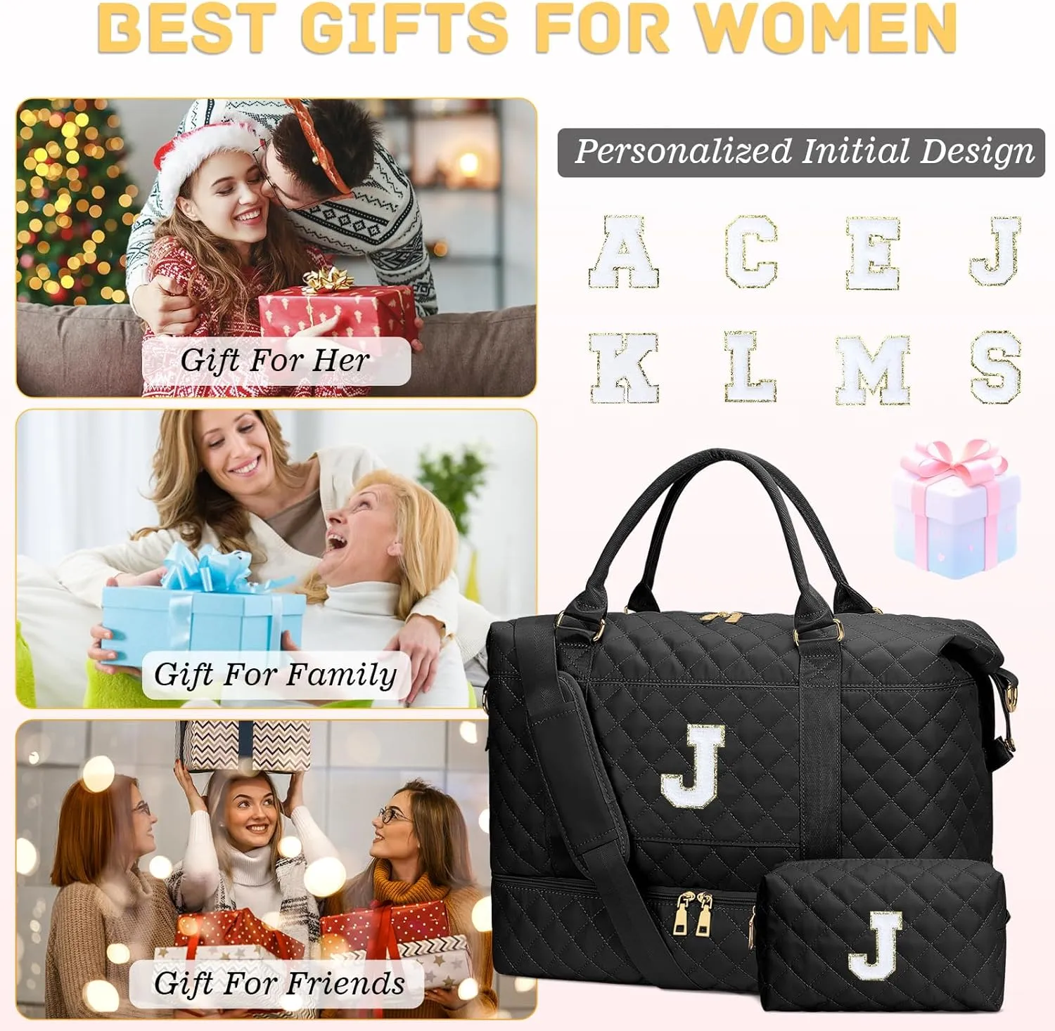 Gifts for Women Initial Travel Duffle Bag Quilted Weekender Carry-On Overnight with Cosmetic Bag, Gym Bag with Shoe Compartment Hospital Bag for Labor Delivery, Black J