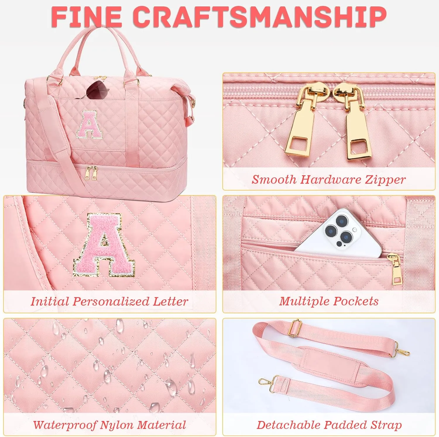 Gifts for Women Initial Travel Duffle Bag Quilted Weekender Carry-On Overnight with Cosmetic Bag, Gym Bag with Shoe Compartment Hospital Bag for Labor Delivery, Pink A