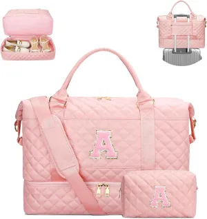 Gifts for Women Initial Travel Duffle Bag Quilted Weekender Carry-On Overnight with Cosmetic Bag, Gym Bag with Shoe Compartment Hospital Bag for Labor Delivery, Pink A