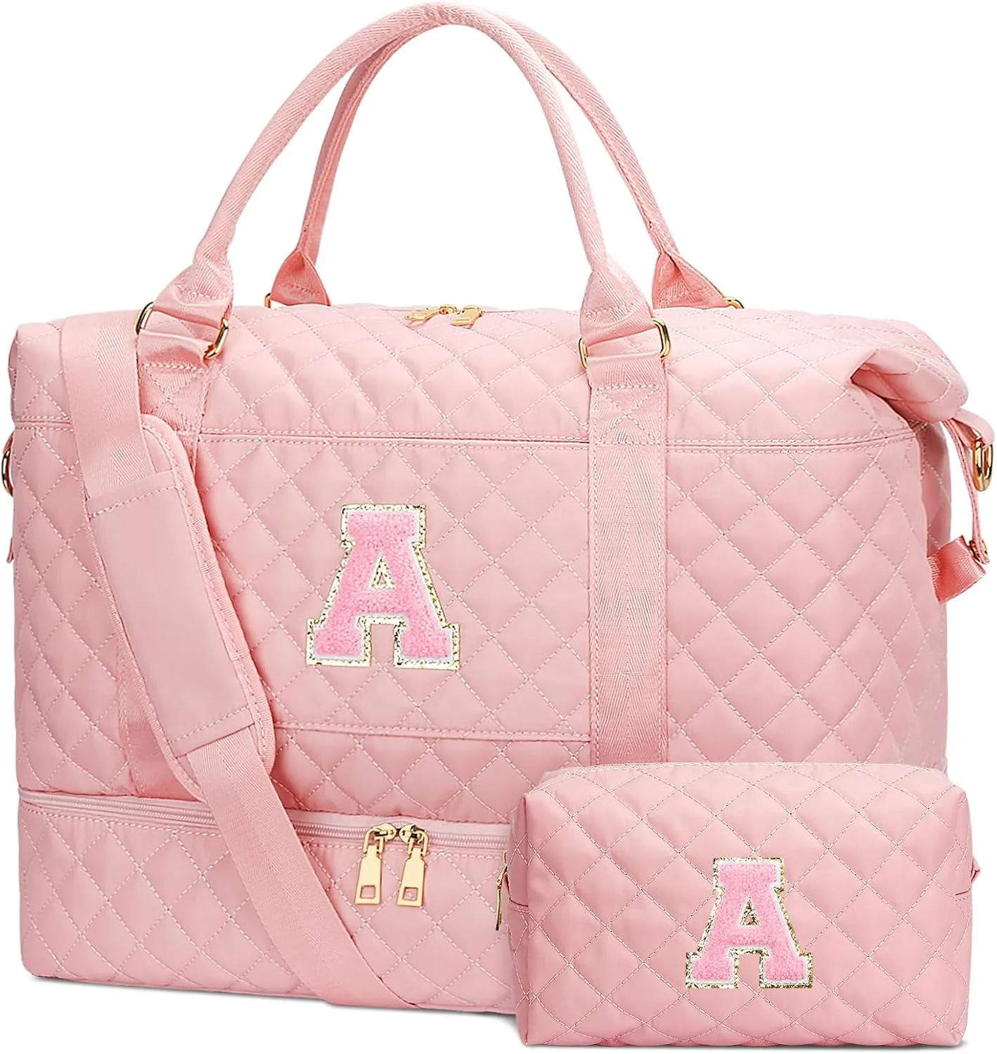 Gifts for Women Initial Travel Duffle Bag Quilted Weekender Carry-On Overnight with Cosmetic Bag, Gym Bag with Shoe Compartment Hospital Bag for Labor Delivery, Pink A