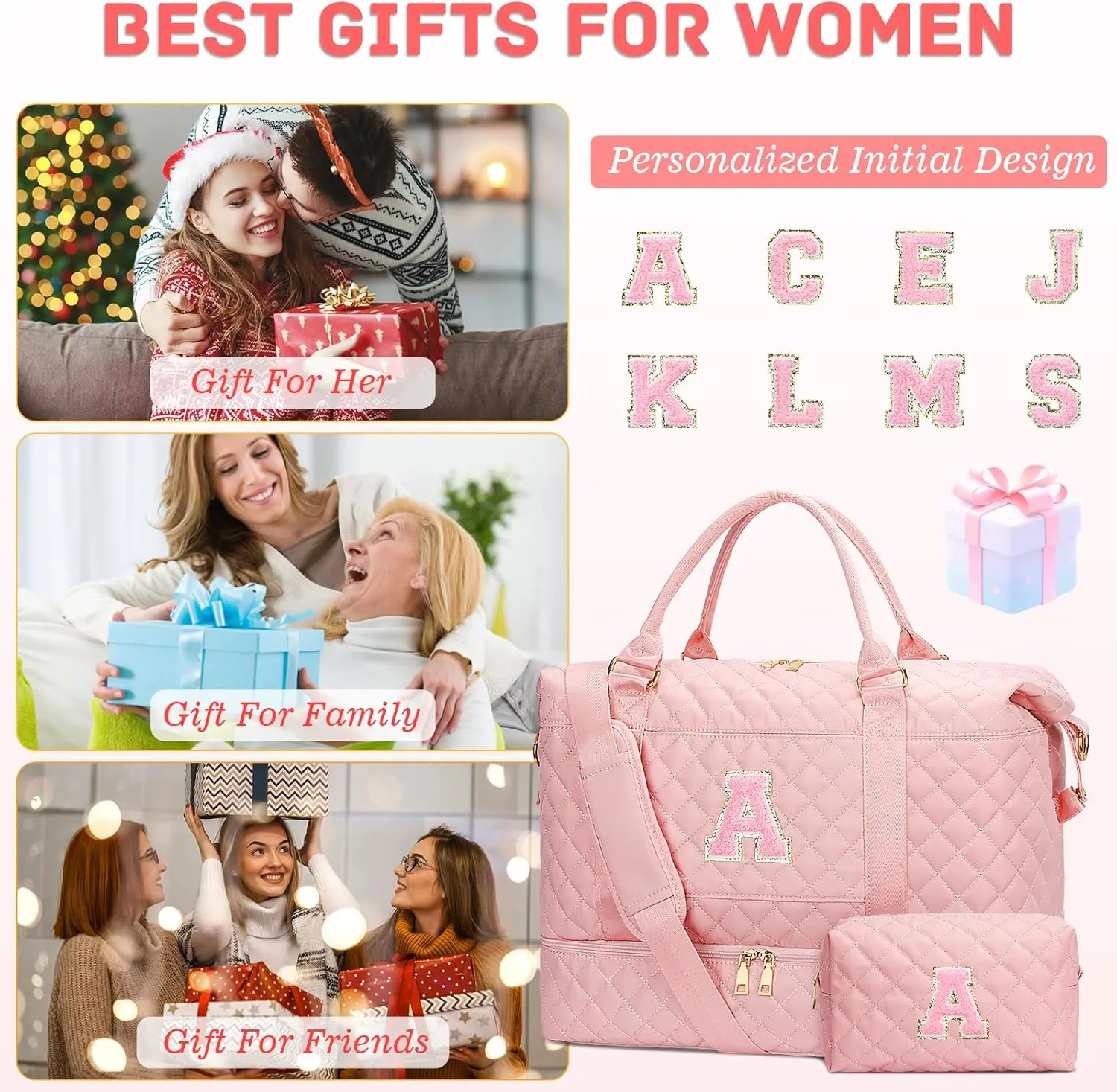 Gifts for Women Initial Travel Duffle Bag Quilted Weekender Carry-On Overnight with Cosmetic Bag, Gym Bag with Shoe Compartment Hospital Bag for Labor Delivery, Pink A