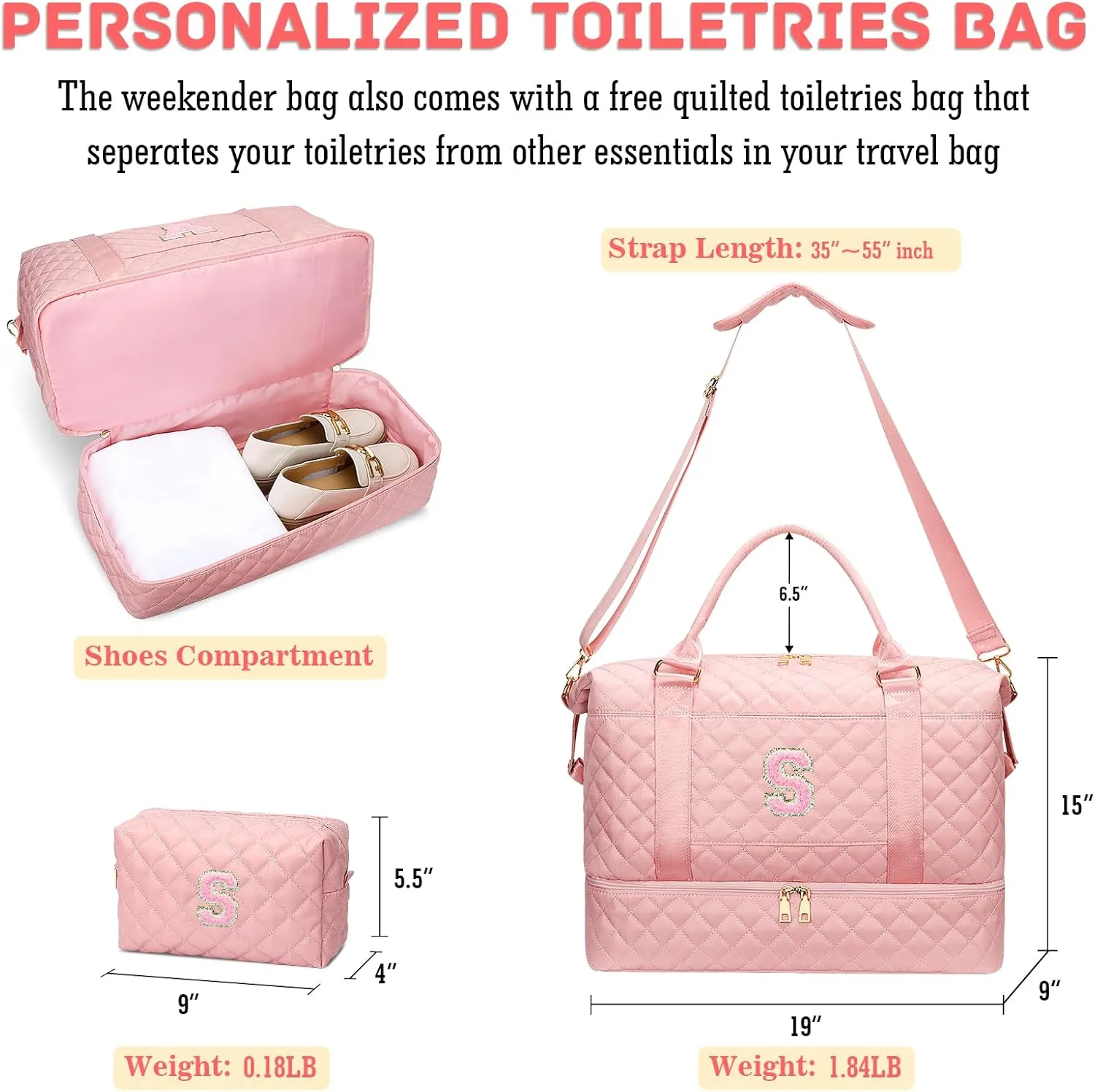 Gifts for Women Initial Travel Duffle Bag Quilted Weekender Carry-On Overnight with Cosmetic Bag, Gym Bag with Shoe Compartment Hospital Bag for Labor Delivery, Pink S