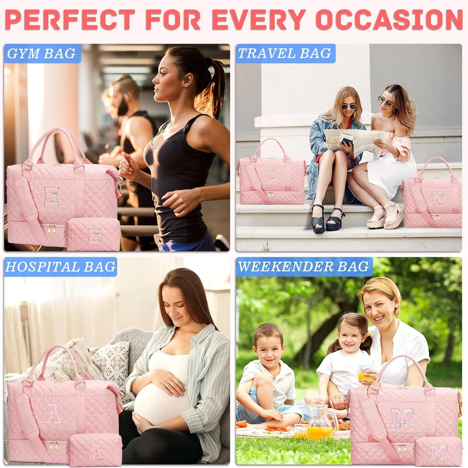 Gifts for Women Initial Travel Duffle Bag Quilted Weekender Carry-On Overnight with Cosmetic Bag, Gym Bag with Shoe Compartment Hospital Bag for Labor Delivery, Pink S
