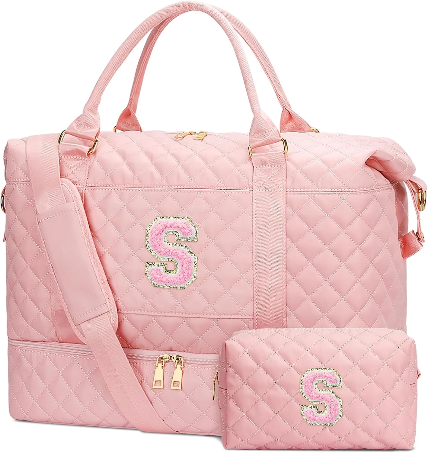Gifts for Women Initial Travel Duffle Bag Quilted Weekender Carry-On Overnight with Cosmetic Bag, Gym Bag with Shoe Compartment Hospital Bag for Labor Delivery, Pink S