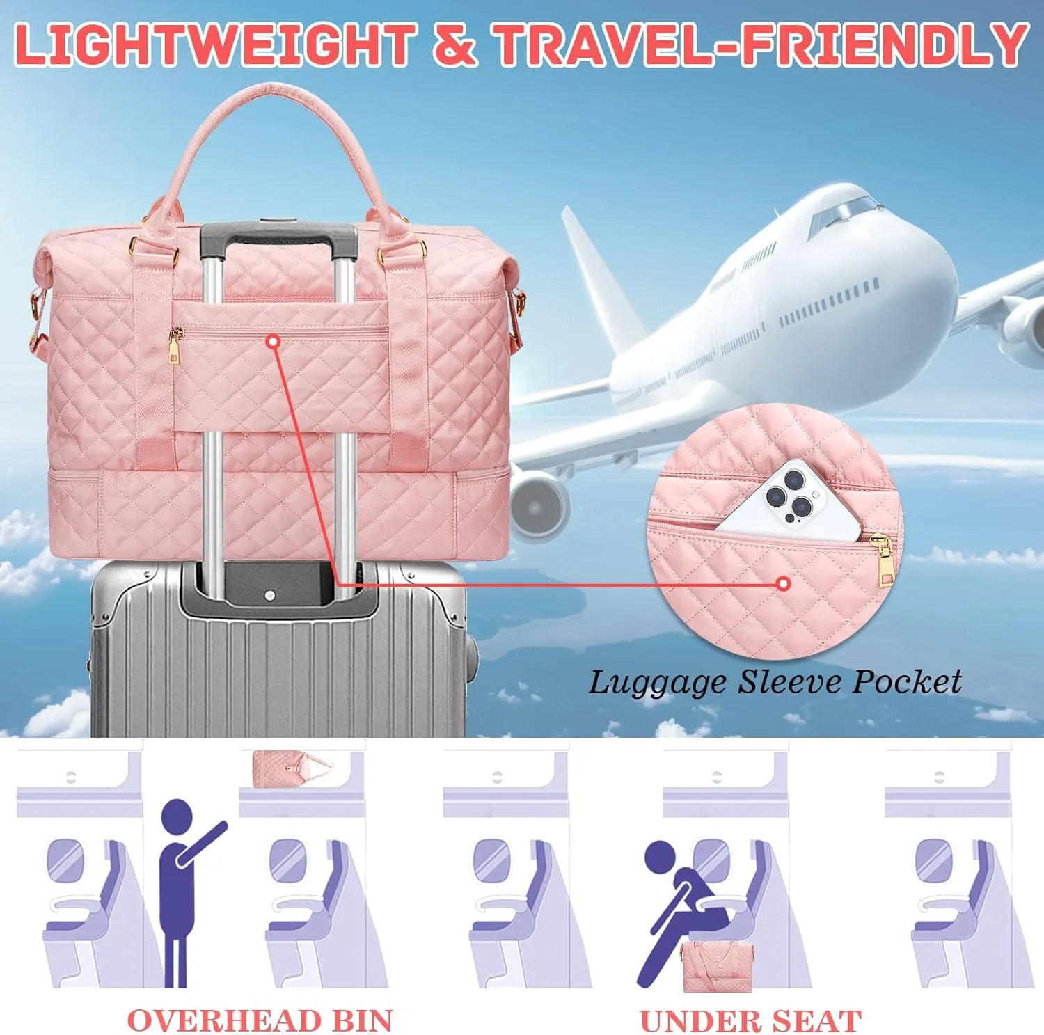Gifts for Women Initial Travel Duffle Bag Quilted Weekender Carry-On Overnight with Cosmetic Bag, Gym Bag with Shoe Compartment Hospital Bag for Labor Delivery, Pink S