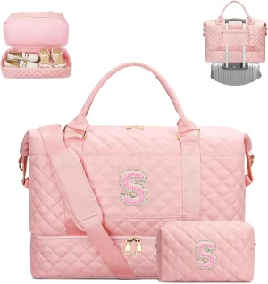 Gifts for Women Initial Travel Duffle Bag Quilted Weekender Carry-On Overnight with Cosmetic Bag, Gym Bag with Shoe Compartment Hospital Bag for Labor Delivery, Pink S